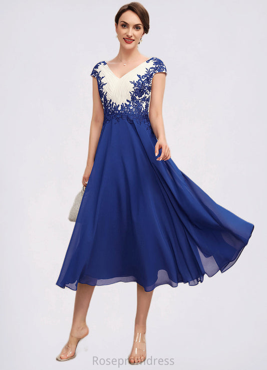 Patsy A-Line V-neck Tea-Length Chiffon Mother of the Bride Dress With Ruffle Lace SRS126P0014677