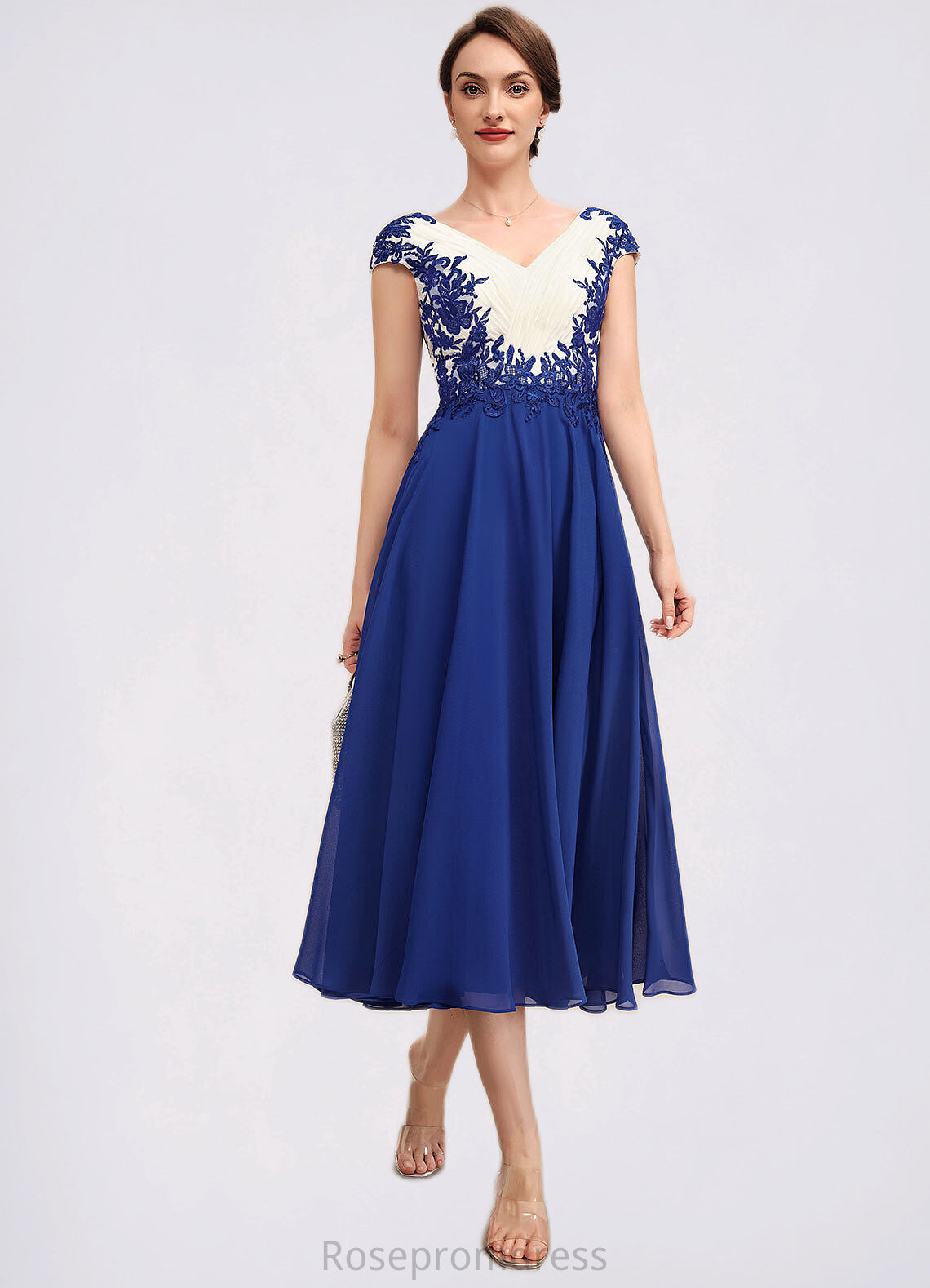 Patsy A-Line V-neck Tea-Length Chiffon Mother of the Bride Dress With Ruffle Lace SRS126P0014677