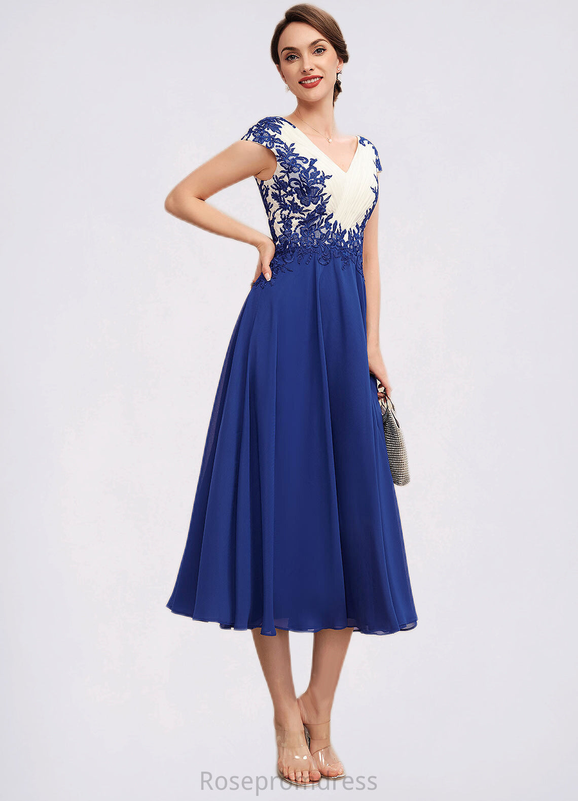 Patsy A-Line V-neck Tea-Length Chiffon Mother of the Bride Dress With Ruffle Lace SRS126P0014677