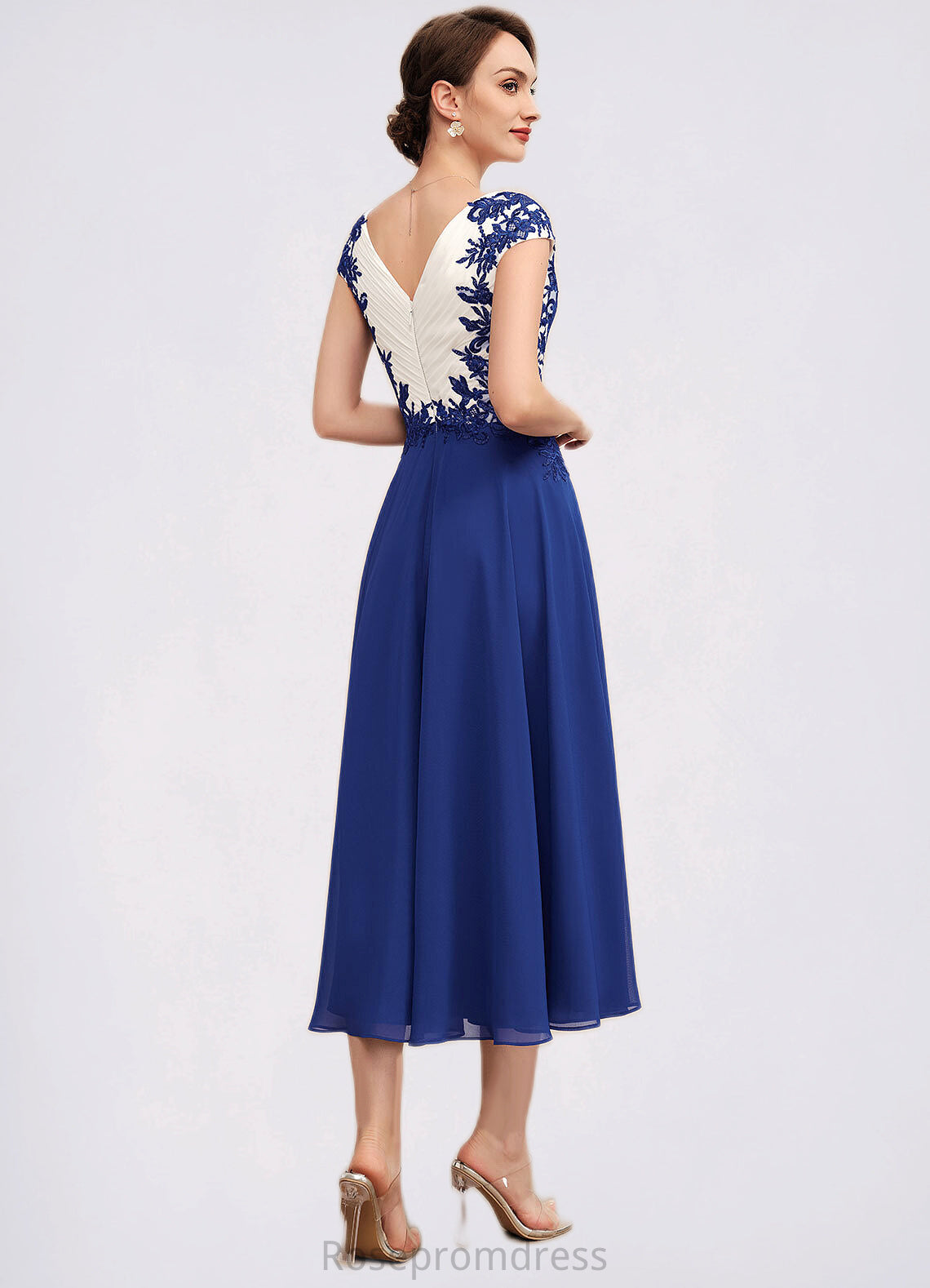 Patsy A-Line V-neck Tea-Length Chiffon Mother of the Bride Dress With Ruffle Lace SRS126P0014677