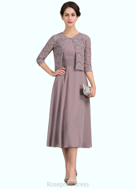 Madalyn A-Line Scoop Neck Tea-Length Chiffon Mother of the Bride Dress With Ruffle SRS126P0014679