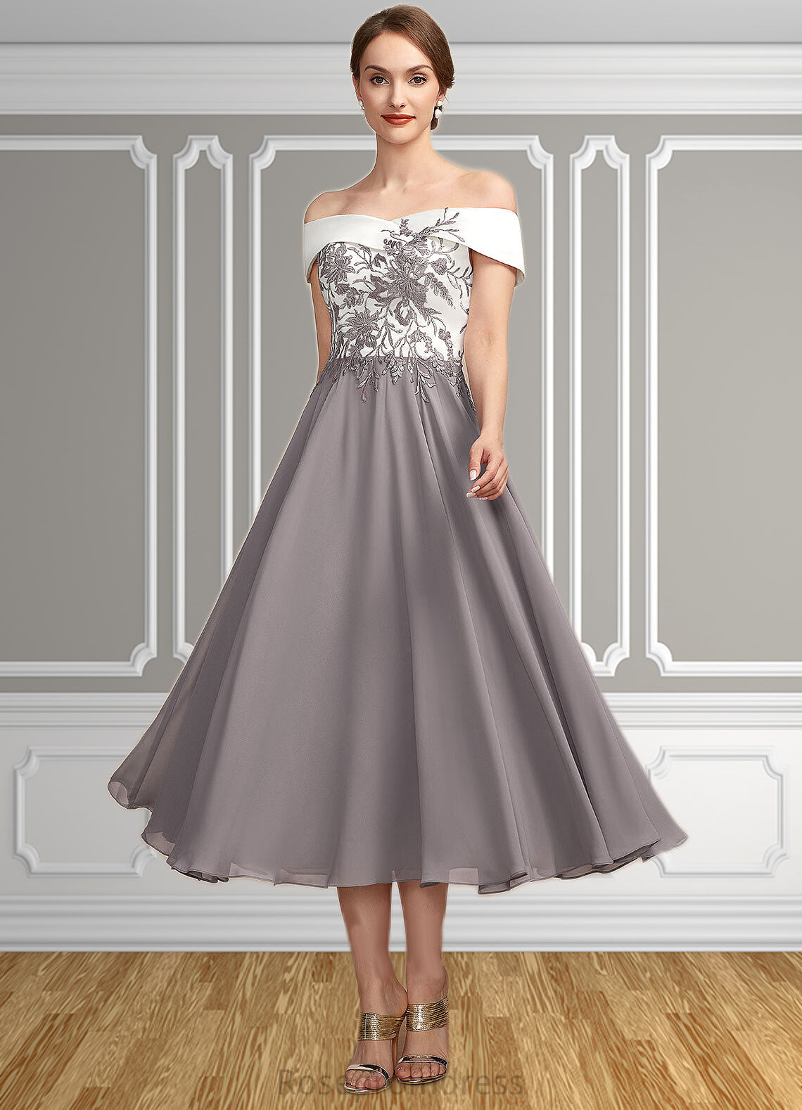 Nan A-Line Off-the-Shoulder Tea-Length Chiffon Lace Mother of the Bride Dress SRS126P0014680