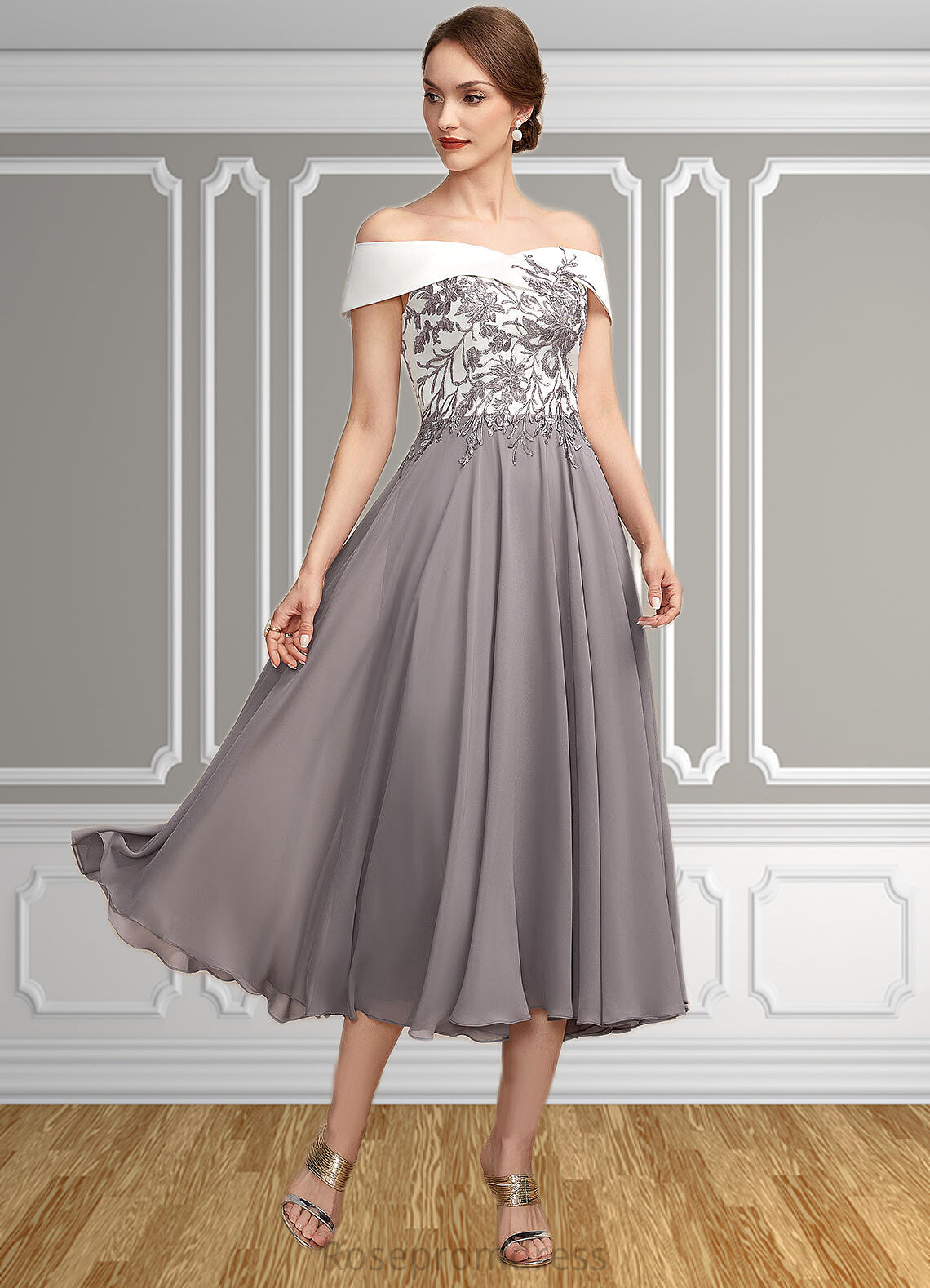 Nan A-Line Off-the-Shoulder Tea-Length Chiffon Lace Mother of the Bride Dress SRS126P0014680