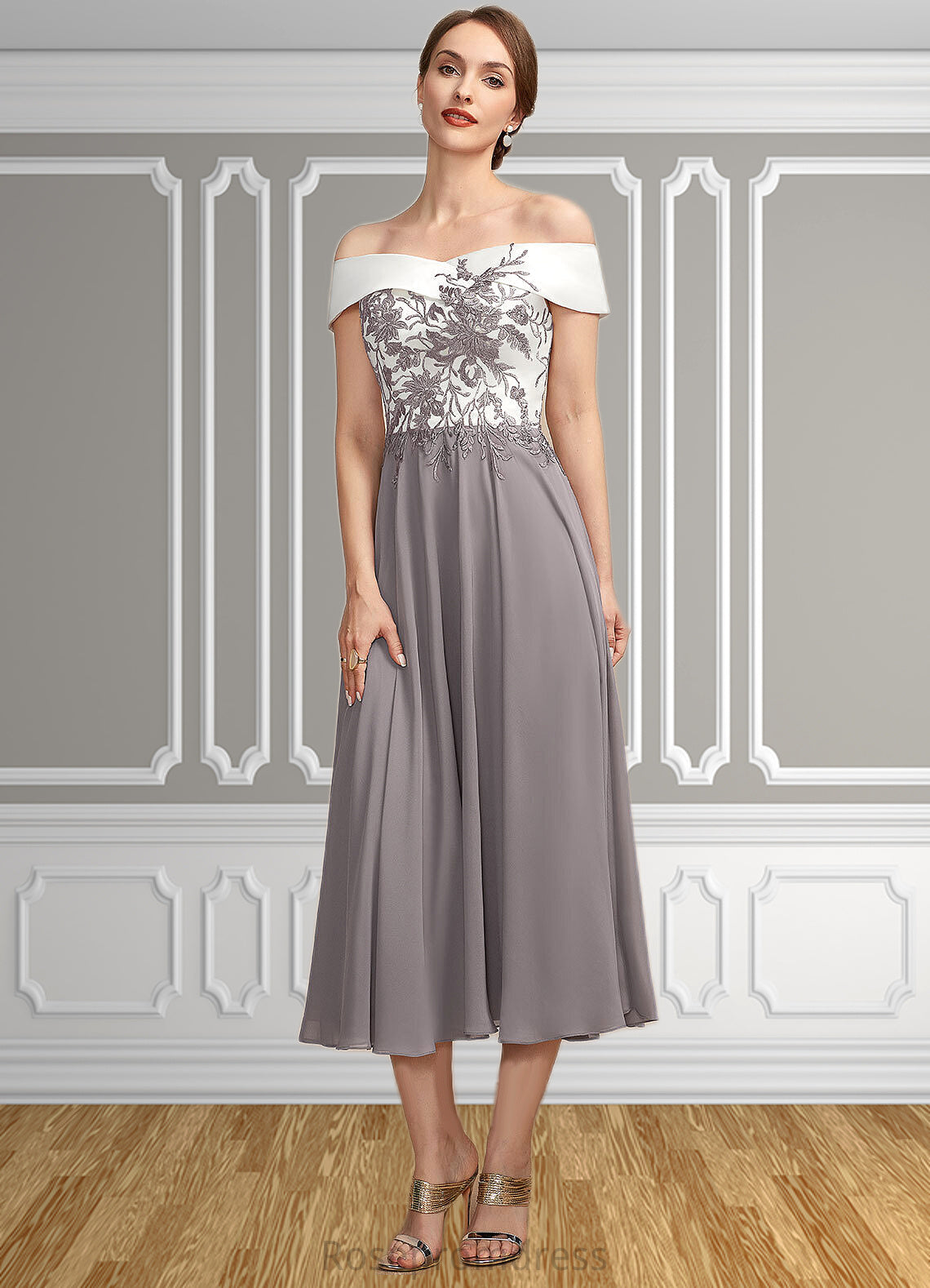 Nan A-Line Off-the-Shoulder Tea-Length Chiffon Lace Mother of the Bride Dress SRS126P0014680