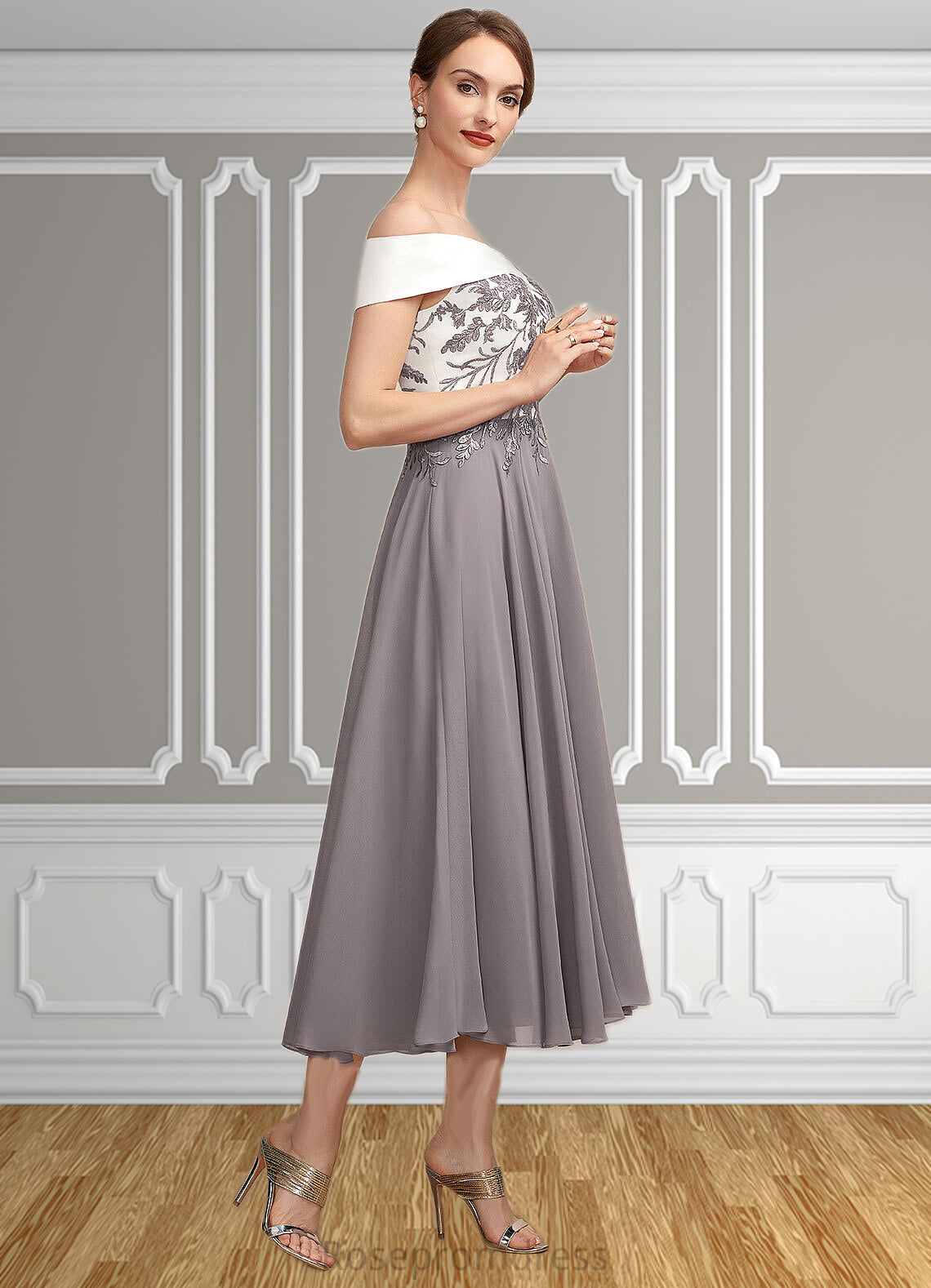 Nan A-Line Off-the-Shoulder Tea-Length Chiffon Lace Mother of the Bride Dress SRS126P0014680