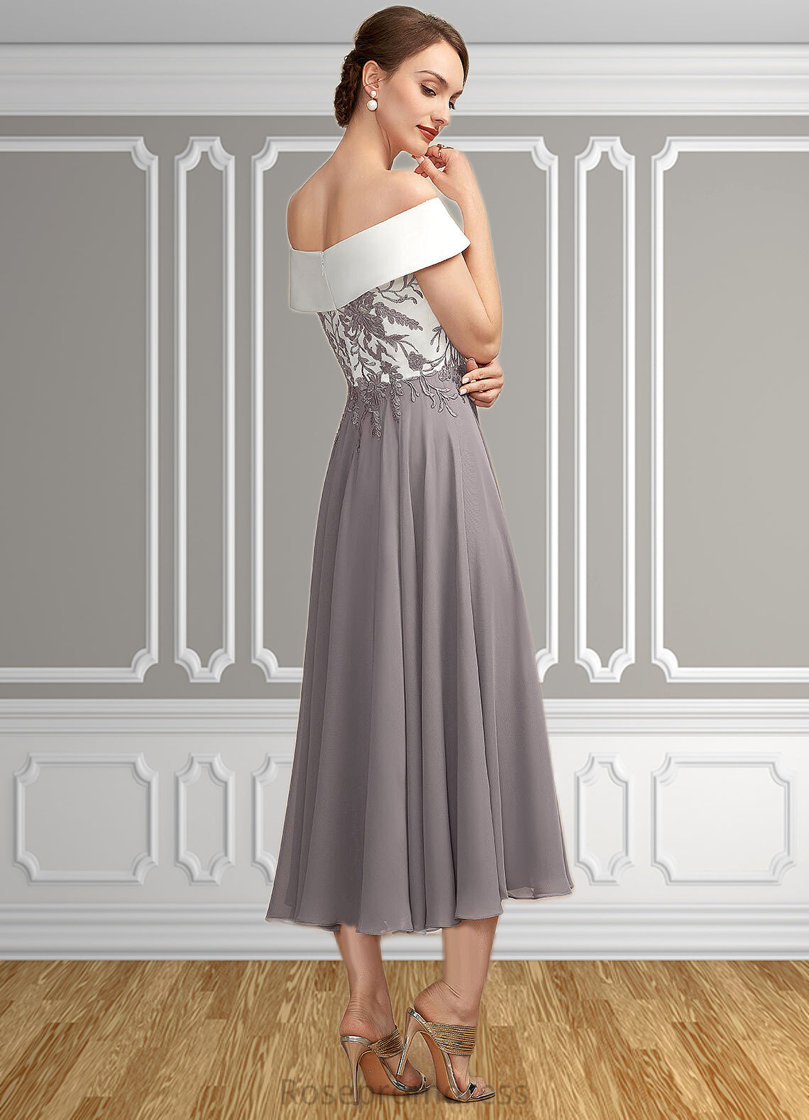 Nan A-Line Off-the-Shoulder Tea-Length Chiffon Lace Mother of the Bride Dress SRS126P0014680