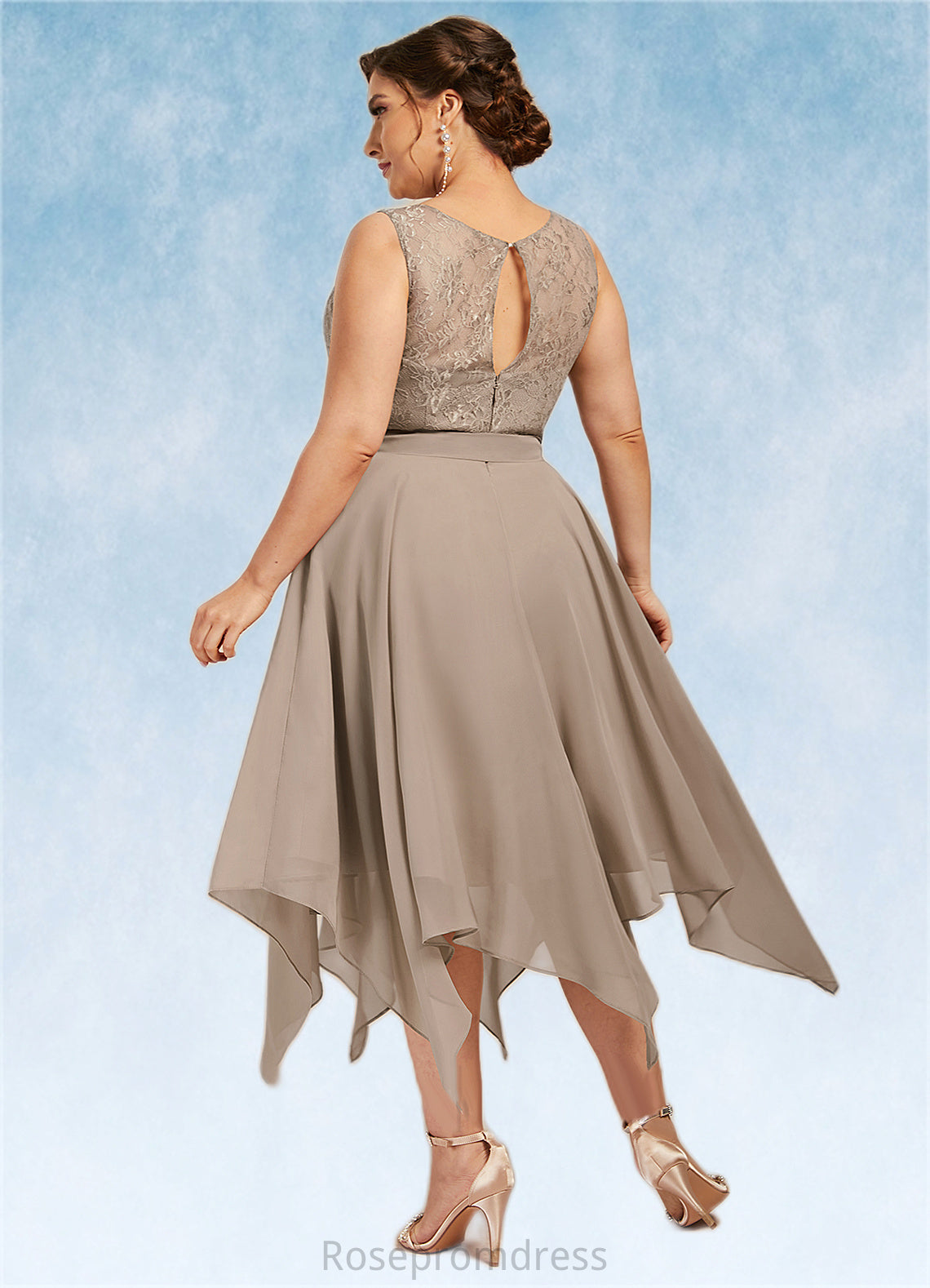 Kamari A-Line Scoop Neck Tea-Length Chiffon Lace Mother of the Bride Dress With Bow(s) SRS126P0014681