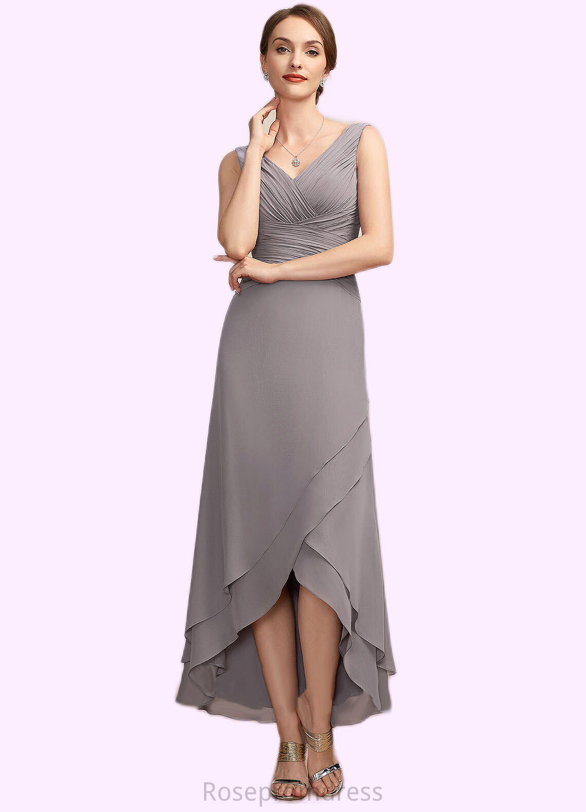 Bailee A-Line V-neck Asymmetrical Chiffon Mother of the Bride Dress With Ruffle SRS126P0014682