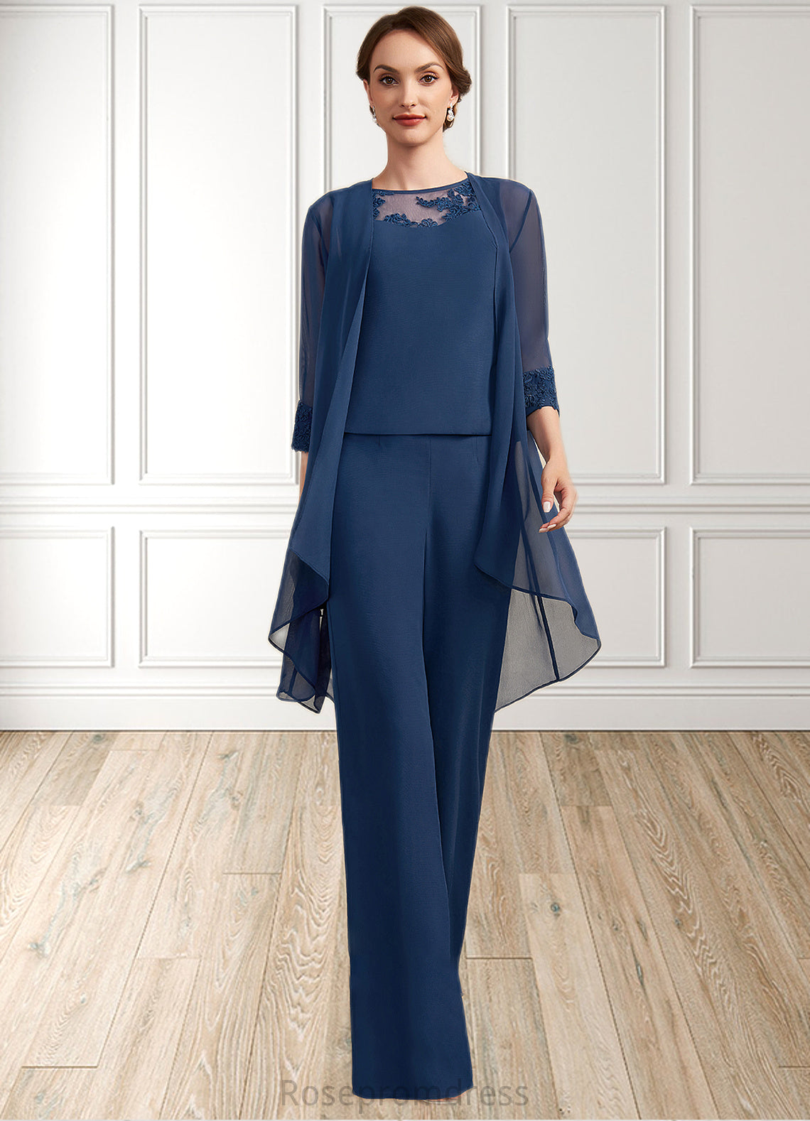 Alaina Jumpsuit/Pantsuit Scoop Neck Floor-Length Chiffon Mother of the Bride Dress With Lace SRS126P0014687
