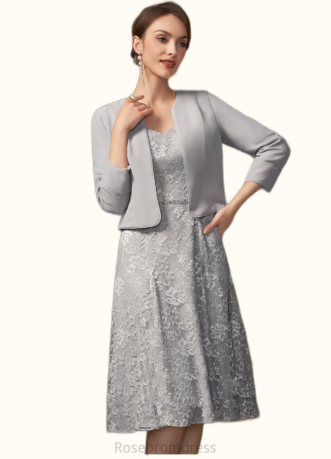 Scarlett A-Line V-neck Knee-Length Lace Mother of the Bride Dress With Beading Sequins SRS126P0014689