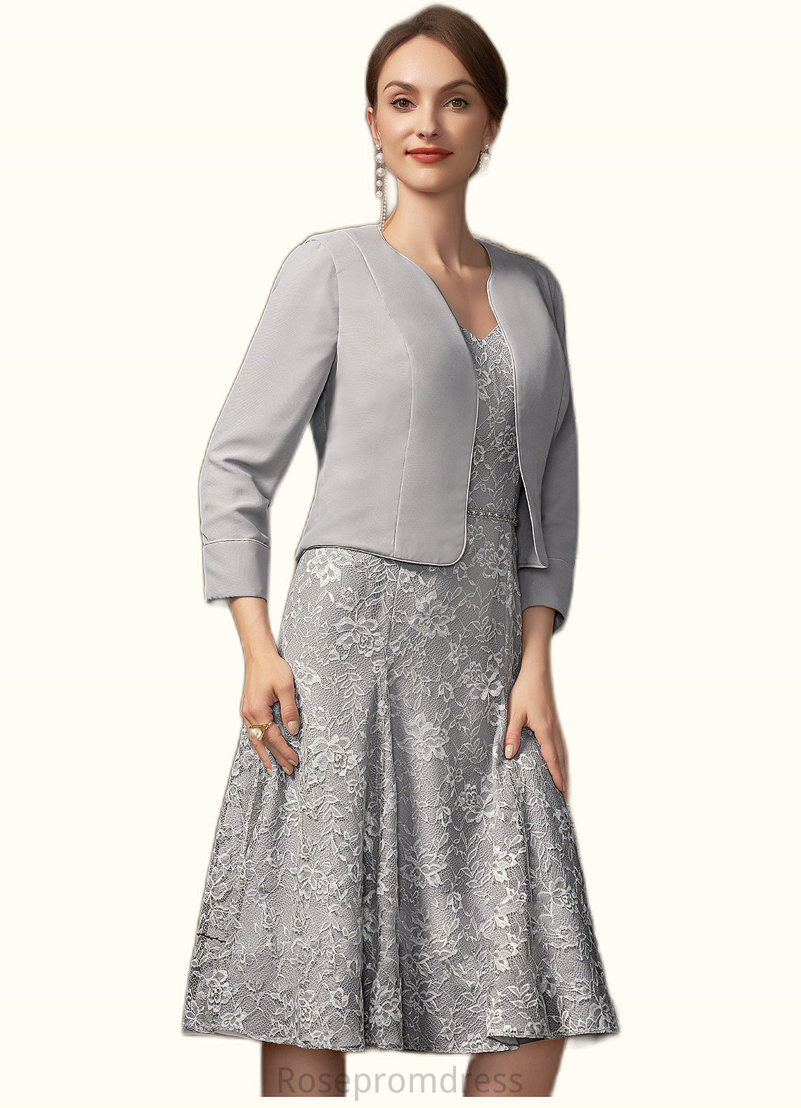 Scarlett A-Line V-neck Knee-Length Lace Mother of the Bride Dress With Beading Sequins SRS126P0014689