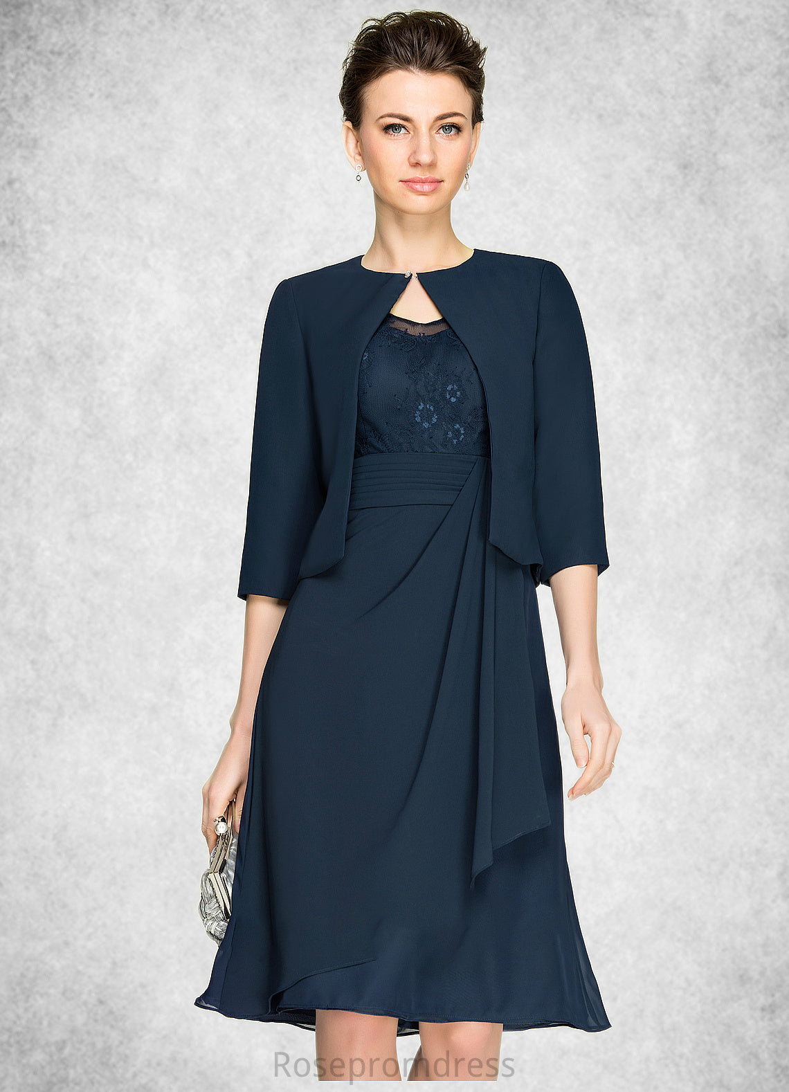 Chasity A-Line V-neck Knee-Length Chiffon Lace Mother of the Bride Dress With Cascading Ruffles SRS126P0014695