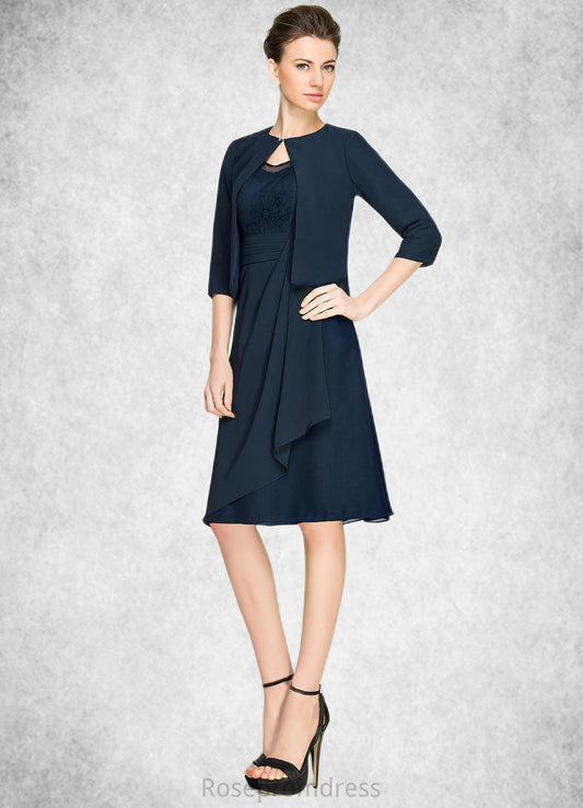 Chasity A-Line V-neck Knee-Length Chiffon Lace Mother of the Bride Dress With Cascading Ruffles SRS126P0014695