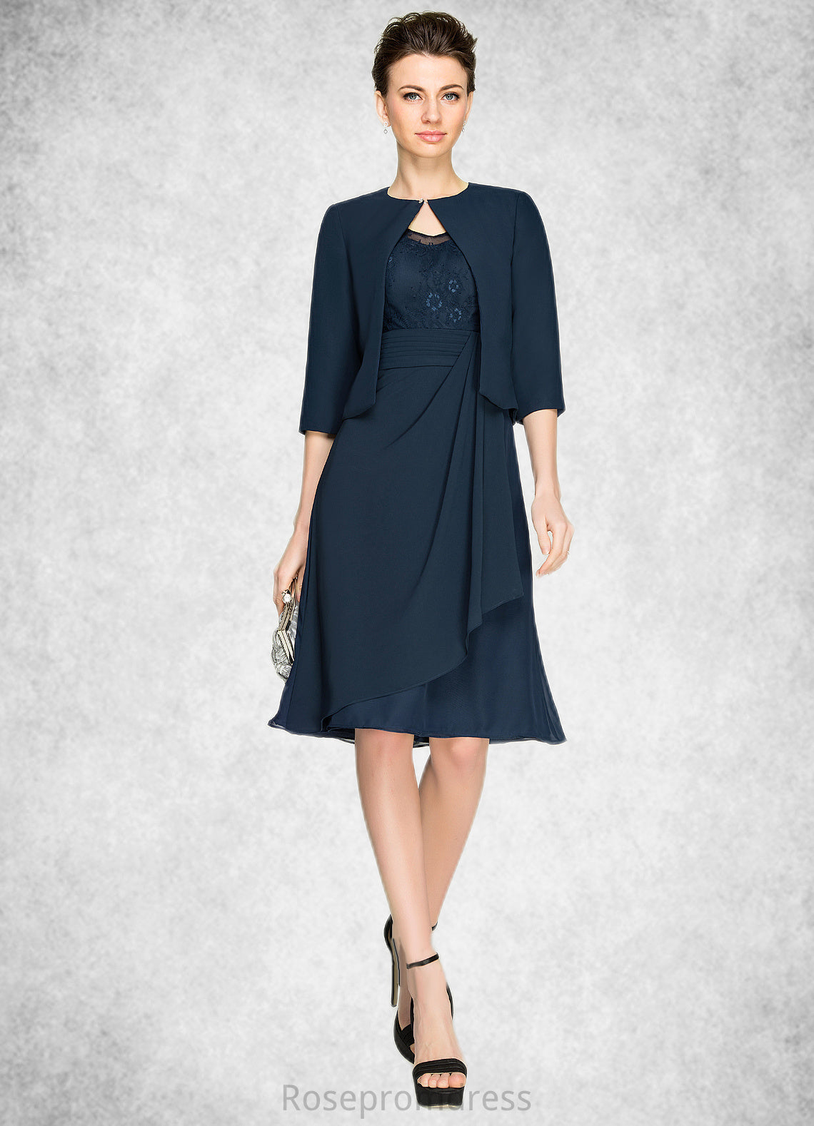 Chasity A-Line V-neck Knee-Length Chiffon Lace Mother of the Bride Dress With Cascading Ruffles SRS126P0014695