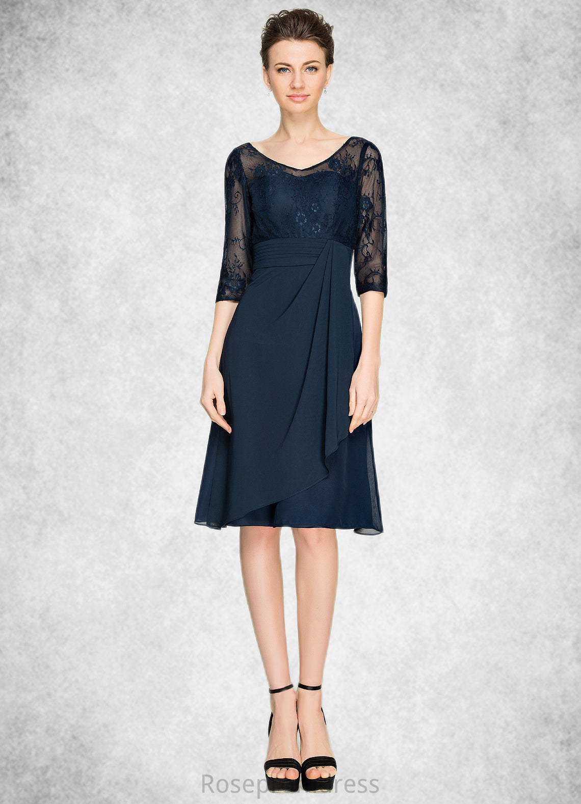 Chasity A-Line V-neck Knee-Length Chiffon Lace Mother of the Bride Dress With Cascading Ruffles SRS126P0014695
