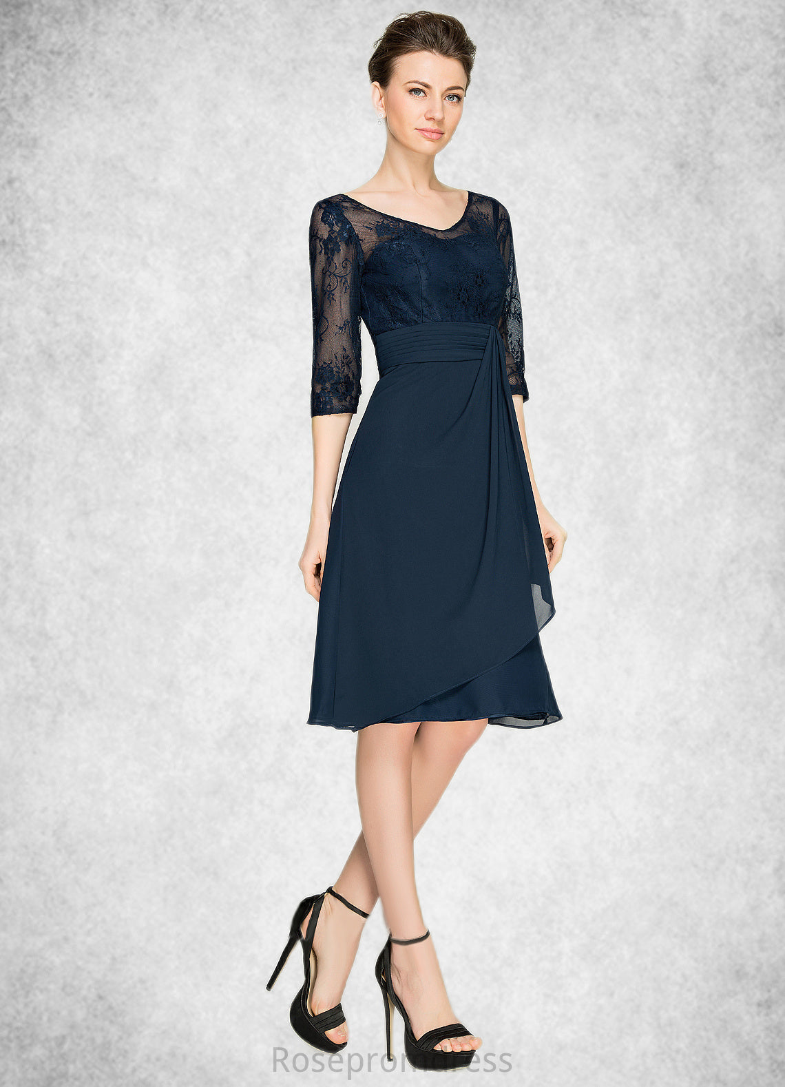 Chasity A-Line V-neck Knee-Length Chiffon Lace Mother of the Bride Dress With Cascading Ruffles SRS126P0014695