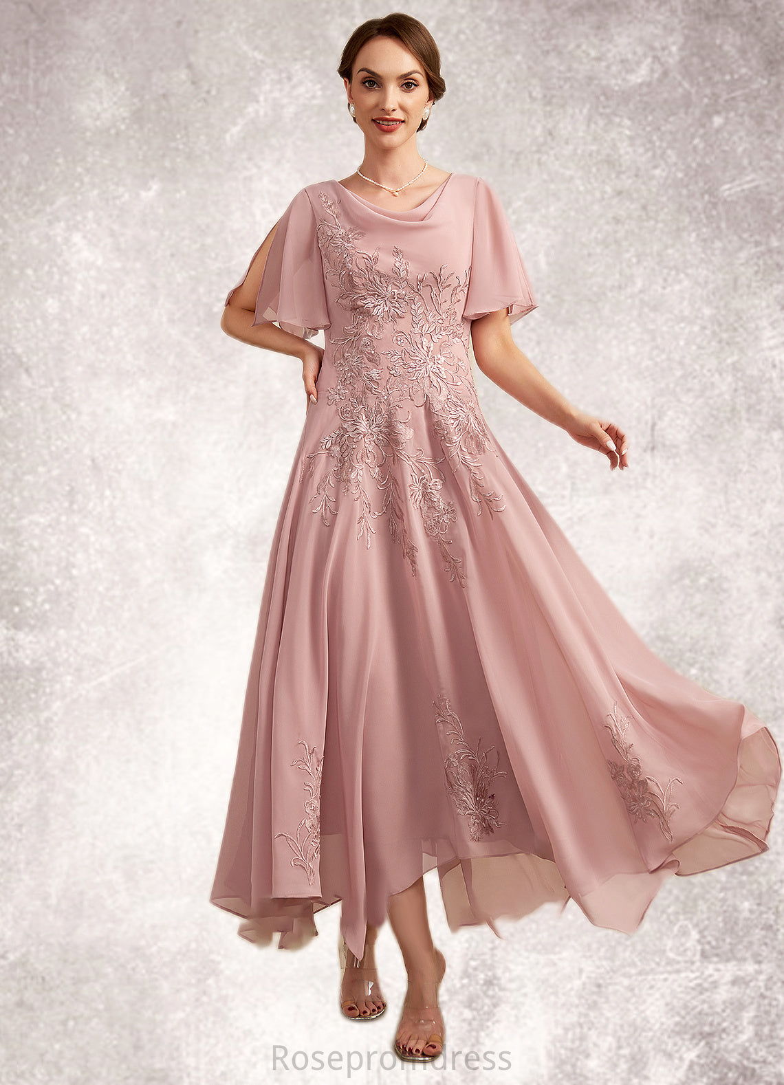 Lola A-Line Cowl Neck Ankle-Length Chiffon Lace Mother of the Bride Dress SRS126P0014696