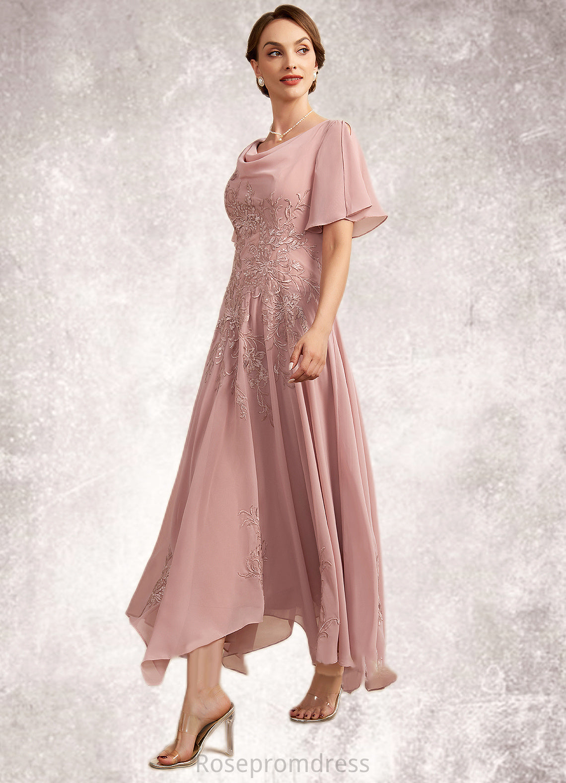 Lola A-Line Cowl Neck Ankle-Length Chiffon Lace Mother of the Bride Dress SRS126P0014696