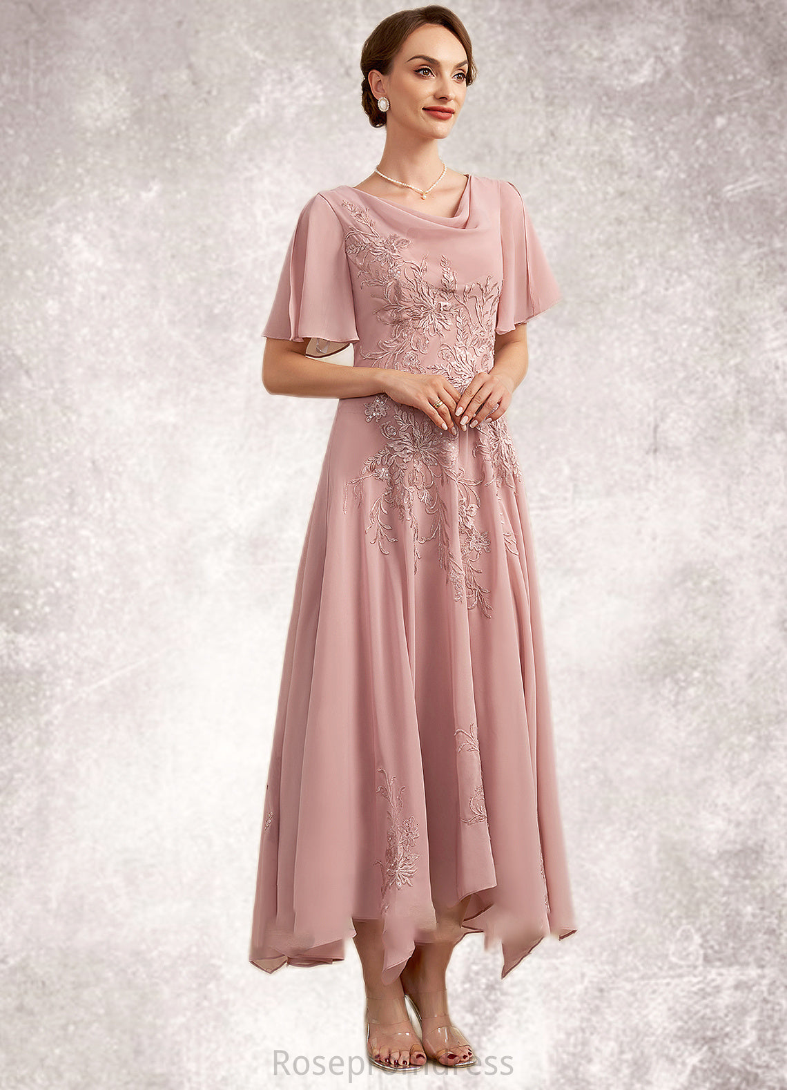 Lola A-Line Cowl Neck Ankle-Length Chiffon Lace Mother of the Bride Dress SRS126P0014696