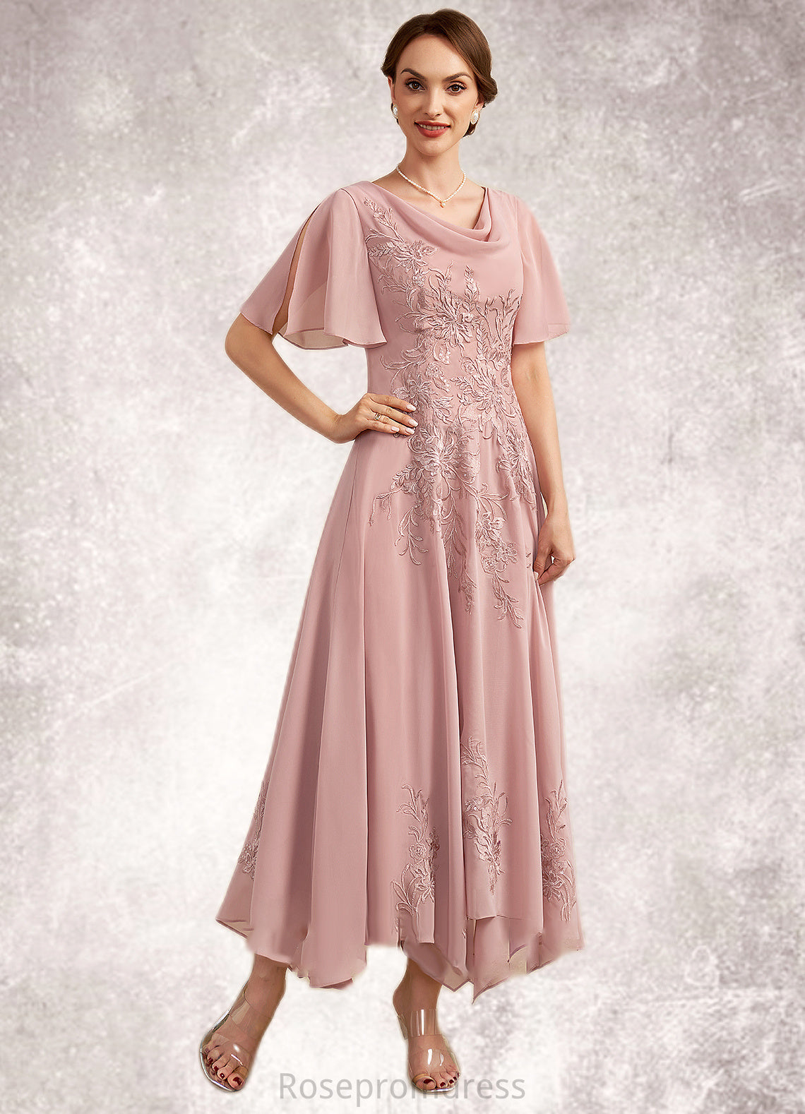 Lola A-Line Cowl Neck Ankle-Length Chiffon Lace Mother of the Bride Dress SRS126P0014696