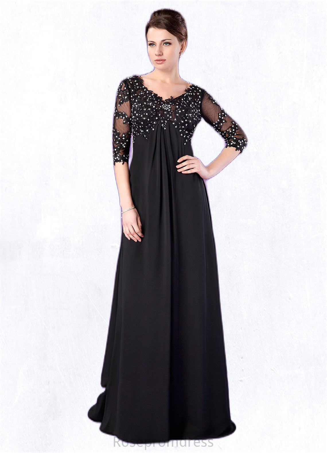 Rosie Empire V-neck Sweep Train Chiffon Mother of the Bride Dress With Lace Beading SRS126P0014697