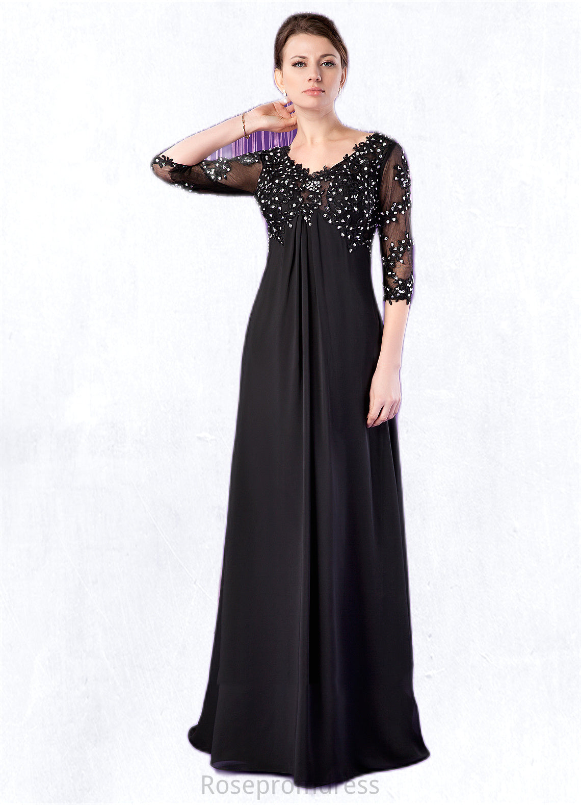 Rosie Empire V-neck Sweep Train Chiffon Mother of the Bride Dress With Lace Beading SRS126P0014697
