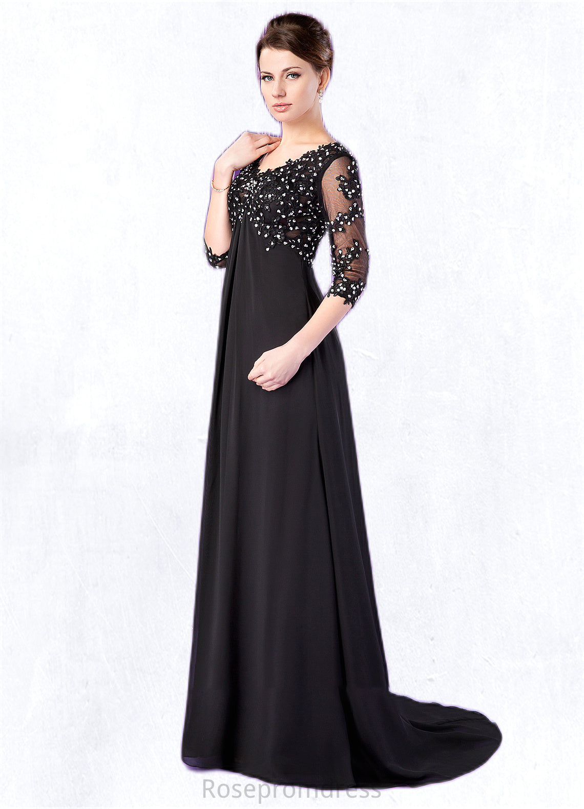 Rosie Empire V-neck Sweep Train Chiffon Mother of the Bride Dress With Lace Beading SRS126P0014697
