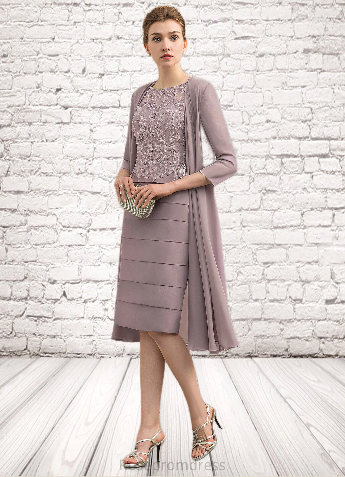 Sally Sheath/Column Scoop Neck Knee-Length Chiffon Lace Mother of the Bride Dress With Beading Sequins SRS126P0014699