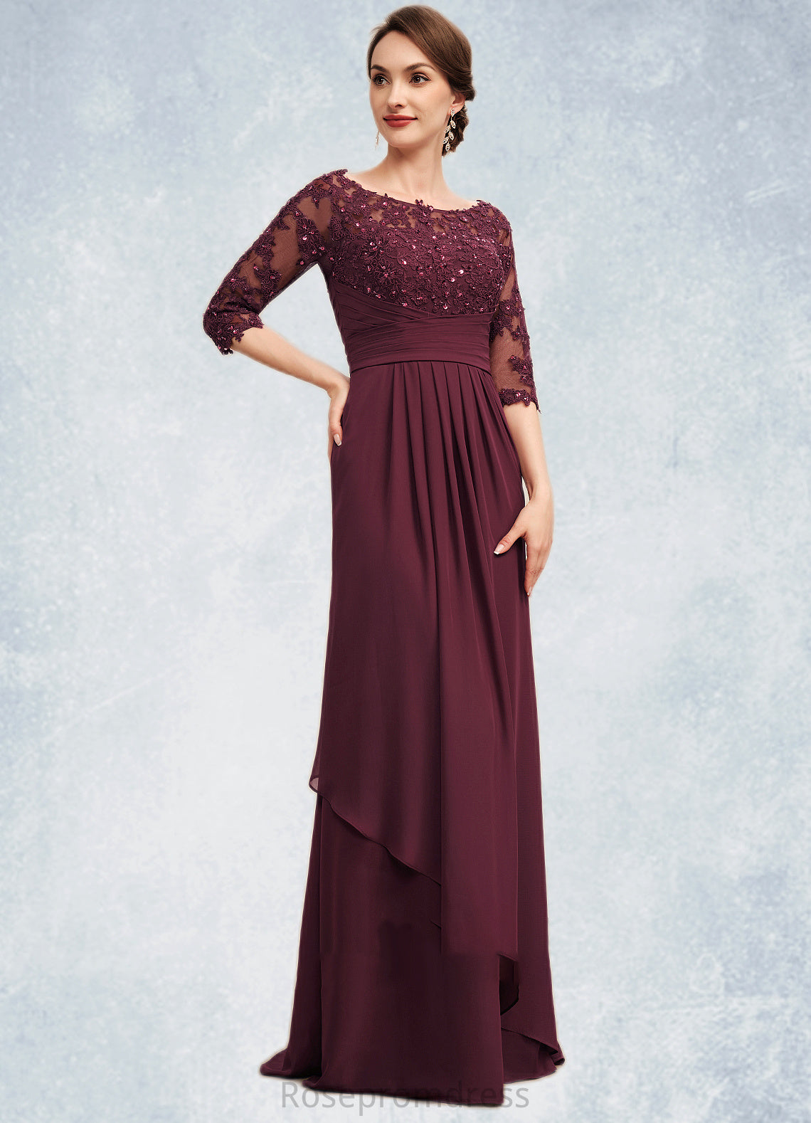 Abbie A-Line Off-the-Shoulder Floor-Length Chiffon Lace Mother of the Bride Dress With Beading Sequins Cascading Ruffles SRS126P0014700