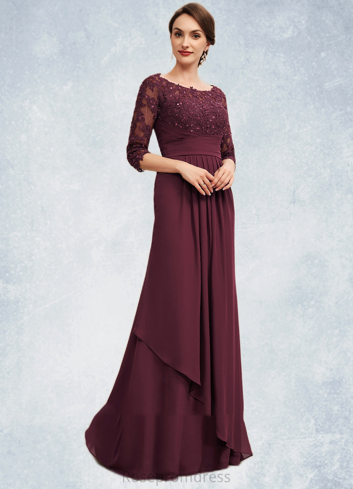 Abbie A-Line Off-the-Shoulder Floor-Length Chiffon Lace Mother of the Bride Dress With Beading Sequins Cascading Ruffles SRS126P0014700