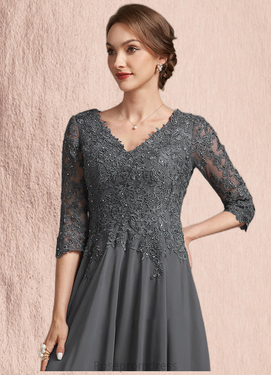 Jaylene A-line V-Neck Tea-Length Chiffon Lace Mother of the Bride Dress With Beading Sequins SRS126P0014702
