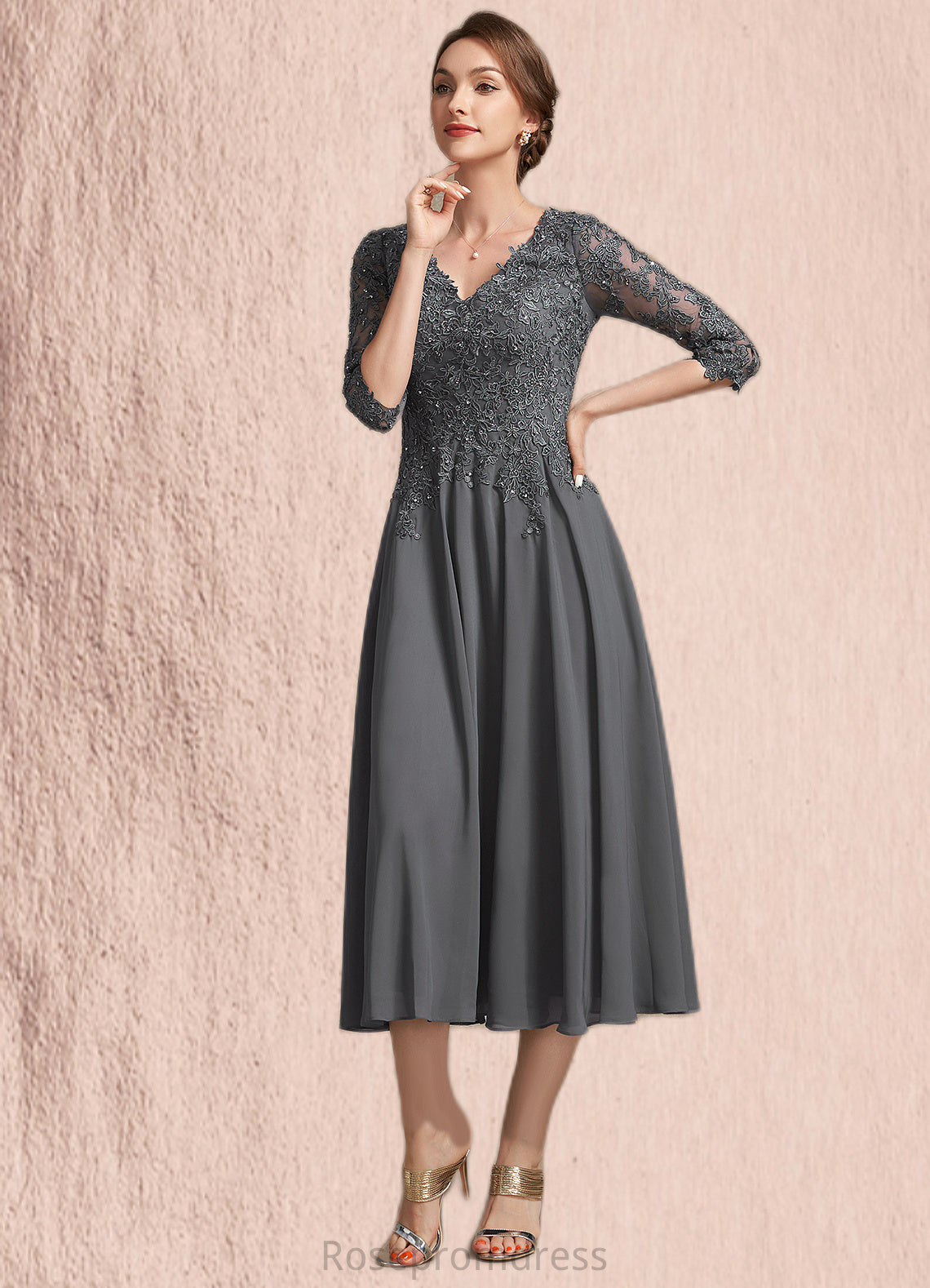 Jaylene A-line V-Neck Tea-Length Chiffon Lace Mother of the Bride Dress With Beading Sequins SRS126P0014702