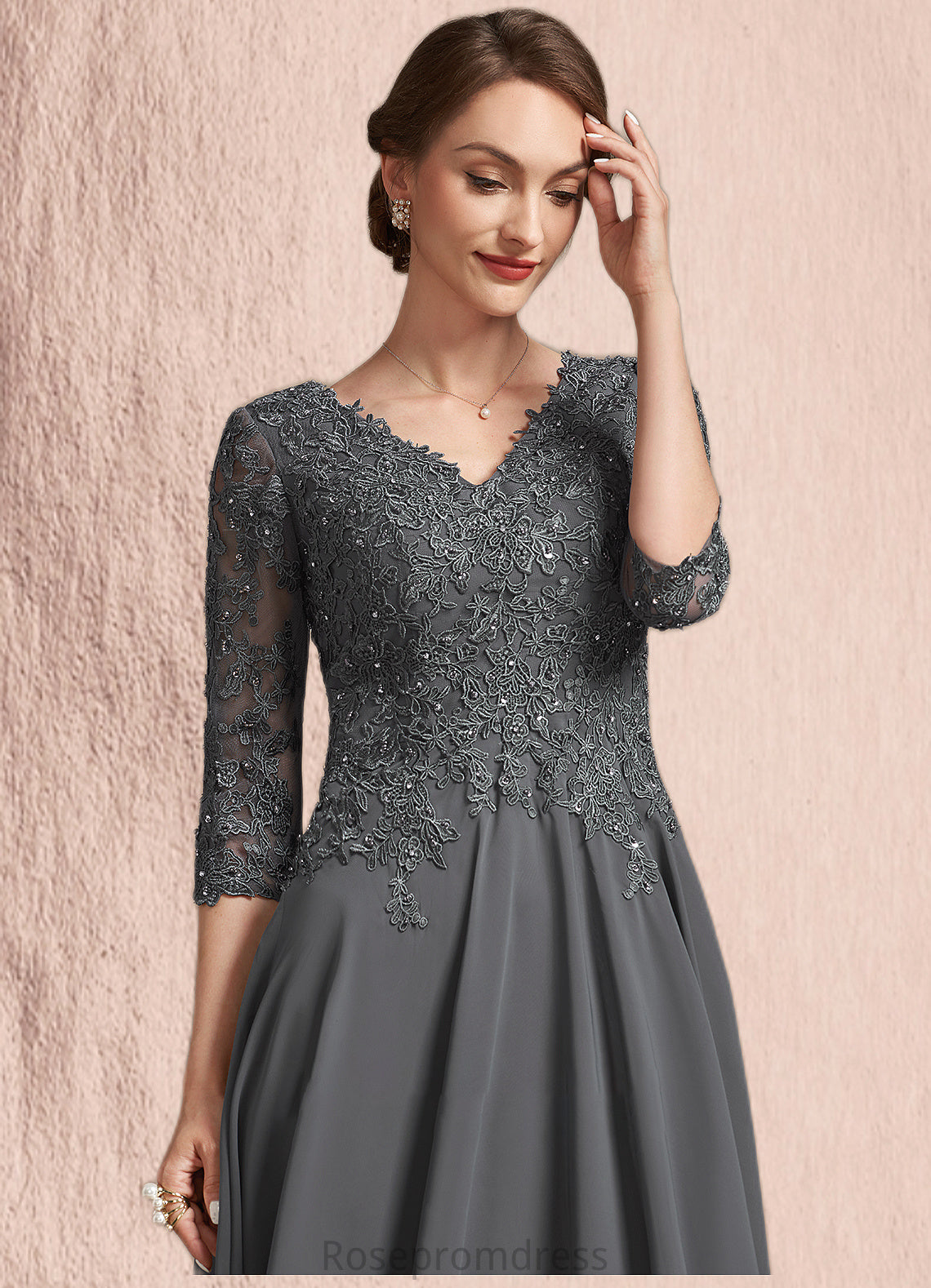 Jaylene A-line V-Neck Tea-Length Chiffon Lace Mother of the Bride Dress With Beading Sequins SRS126P0014702