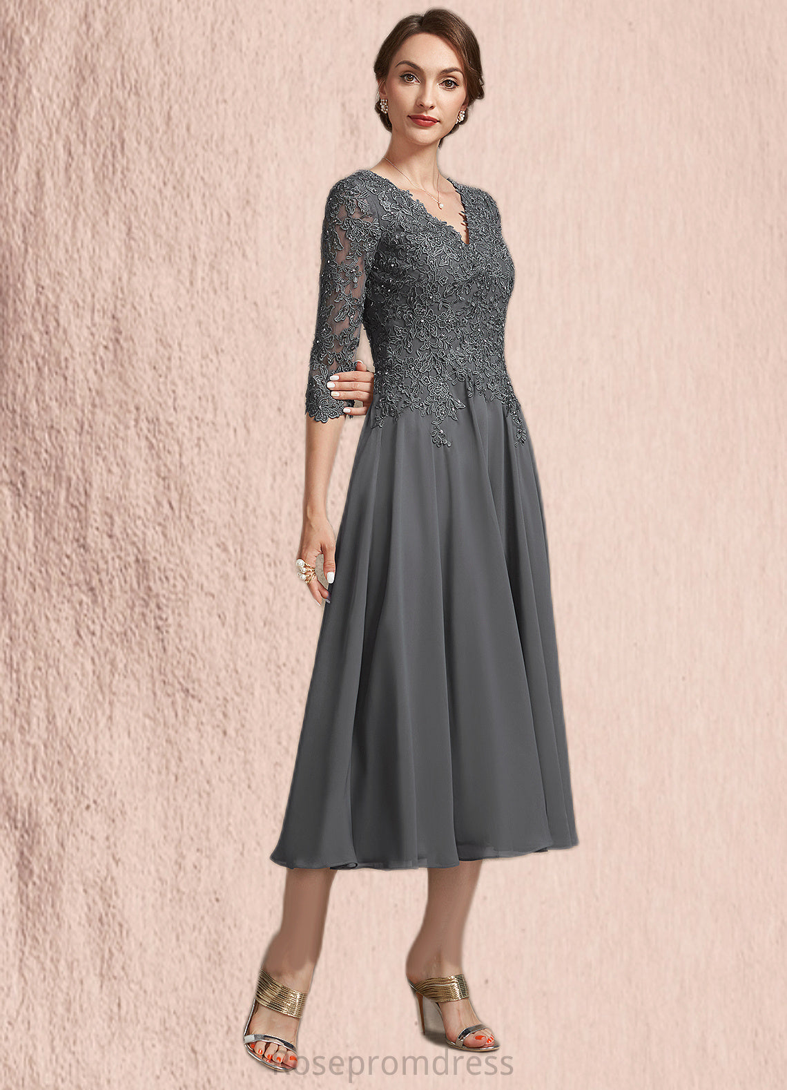 Jaylene A-line V-Neck Tea-Length Chiffon Lace Mother of the Bride Dress With Beading Sequins SRS126P0014702