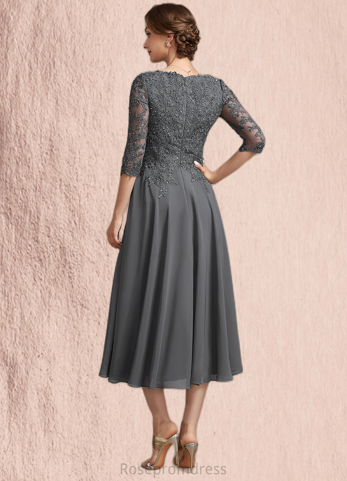 Jaylene A-line V-Neck Tea-Length Chiffon Lace Mother of the Bride Dress With Beading Sequins SRS126P0014702