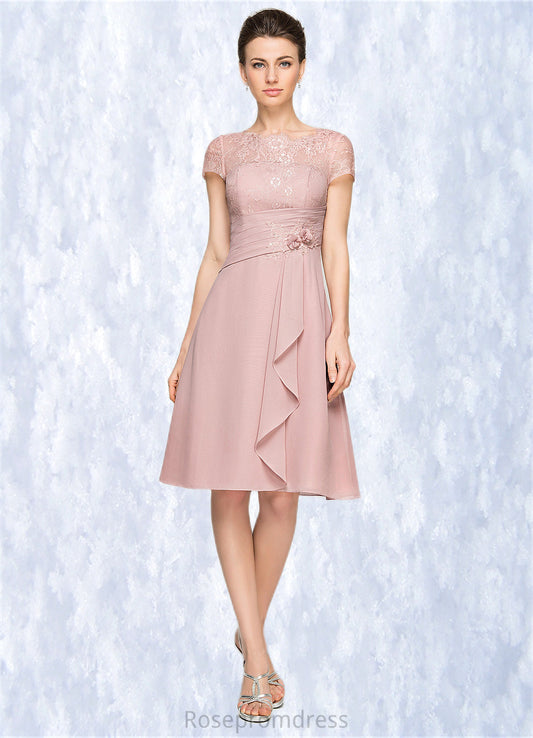 Beryl A-Line Scoop Neck Knee-Length Chiffon Lace Mother of the Bride Dress With Beading Flower(s) Sequins Cascading Ruffles SRS126P0014704