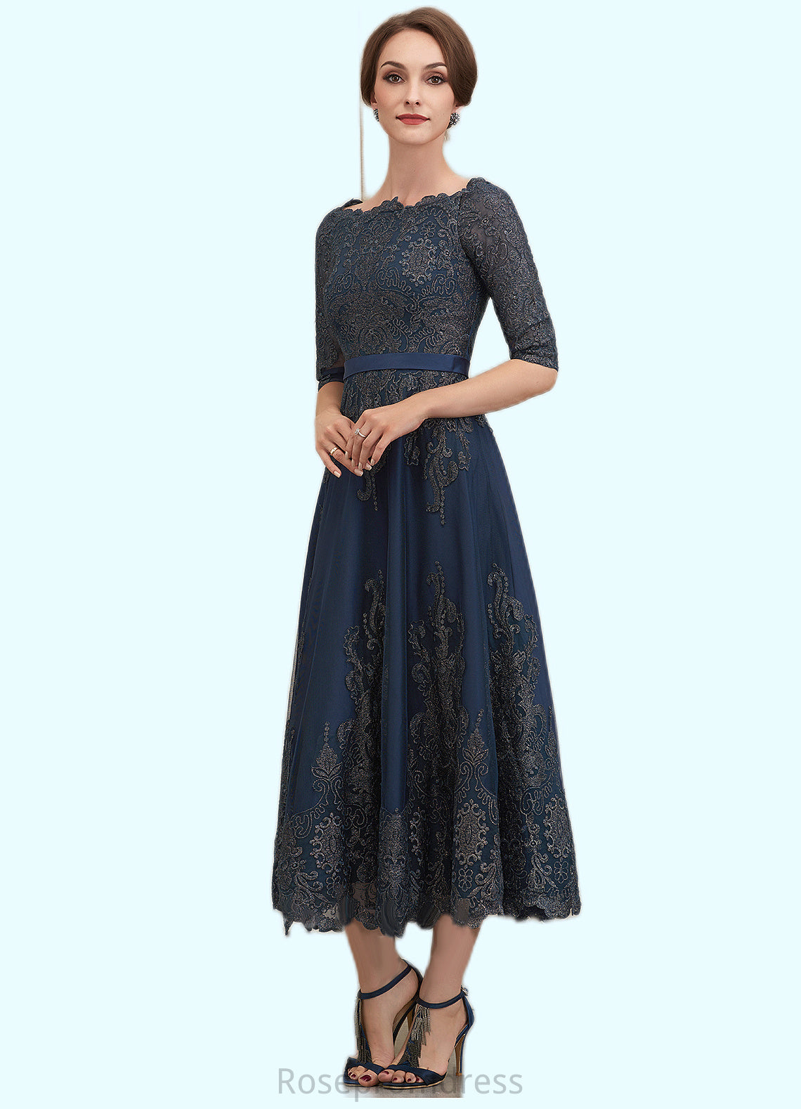 Ruby A-Line Scoop Neck Tea-Length Lace Mother of the Bride Dress SRS126P0014705