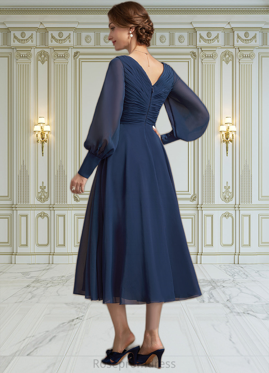 Frances A-Line V-neck Tea-Length Chiffon Mother of the Bride Dress With Ruffle SRS126P0014707