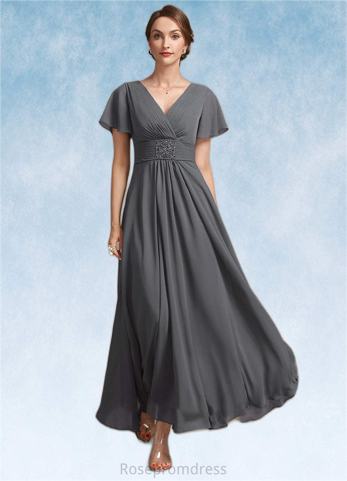 Reese A-Line V-neck Ankle-Length Chiffon Mother of the Bride Dress With Ruffle Beading SRS126P0014709