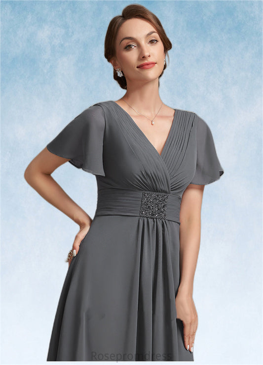 Reese A-Line V-neck Ankle-Length Chiffon Mother of the Bride Dress With Ruffle Beading SRS126P0014709