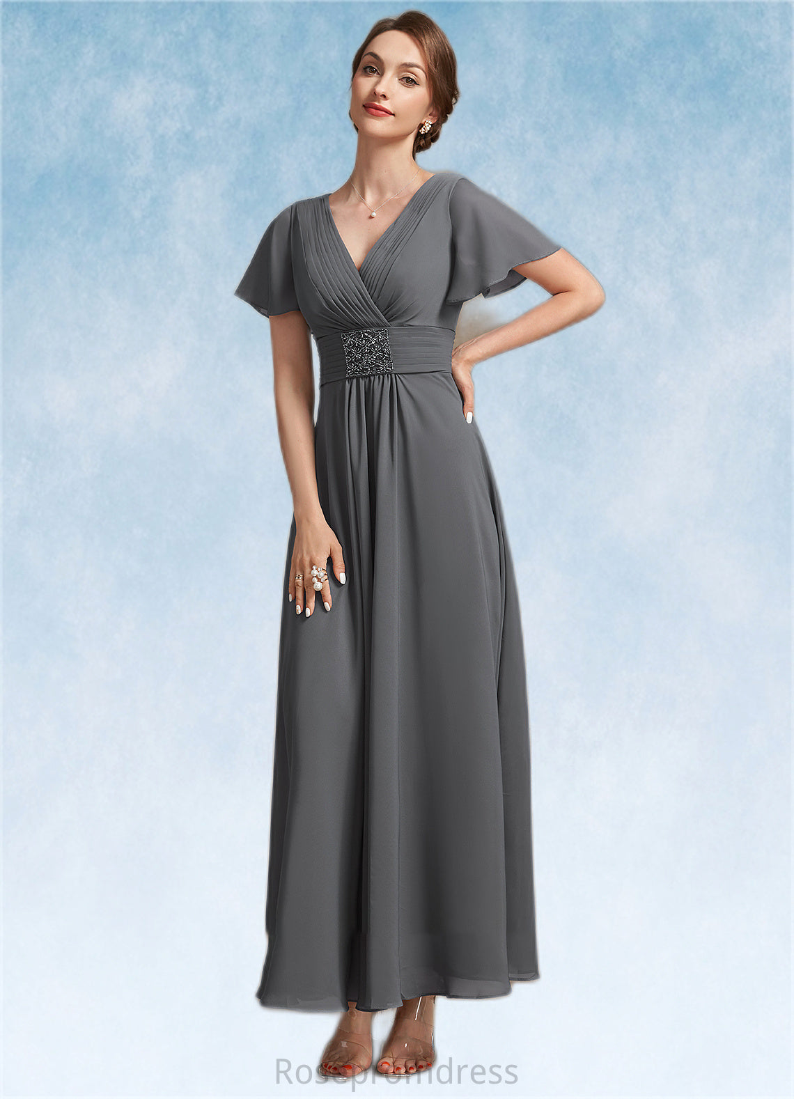 Reese A-Line V-neck Ankle-Length Chiffon Mother of the Bride Dress With Ruffle Beading SRS126P0014709
