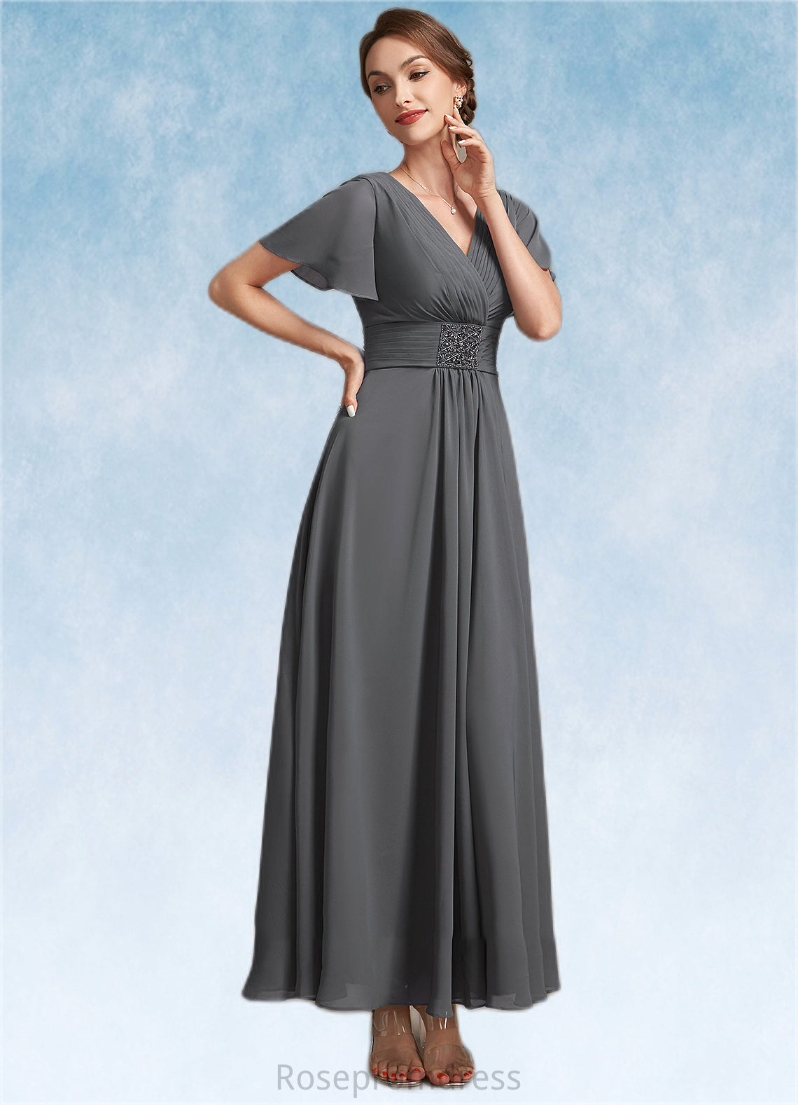 Reese A-Line V-neck Ankle-Length Chiffon Mother of the Bride Dress With Ruffle Beading SRS126P0014709