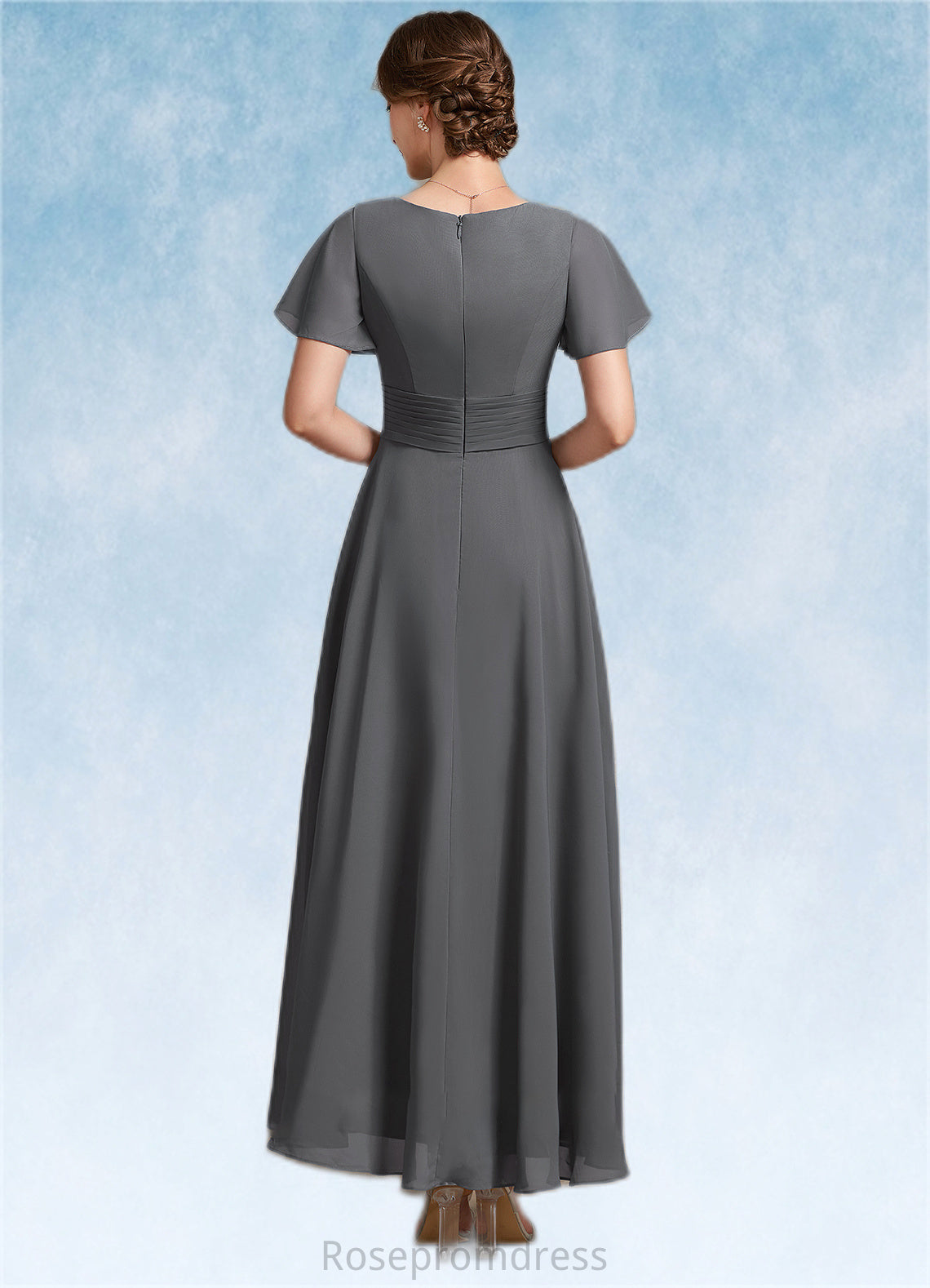 Reese A-Line V-neck Ankle-Length Chiffon Mother of the Bride Dress With Ruffle Beading SRS126P0014709
