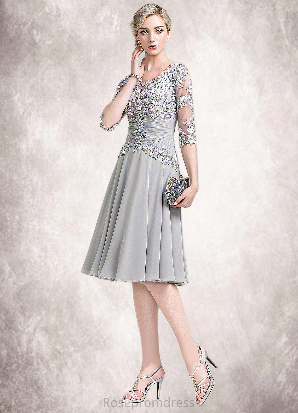 Alia A-Line Scoop Neck Knee-Length Chiffon Mother of the Bride Dress With Ruffle Appliques Lace SRS126P0014715