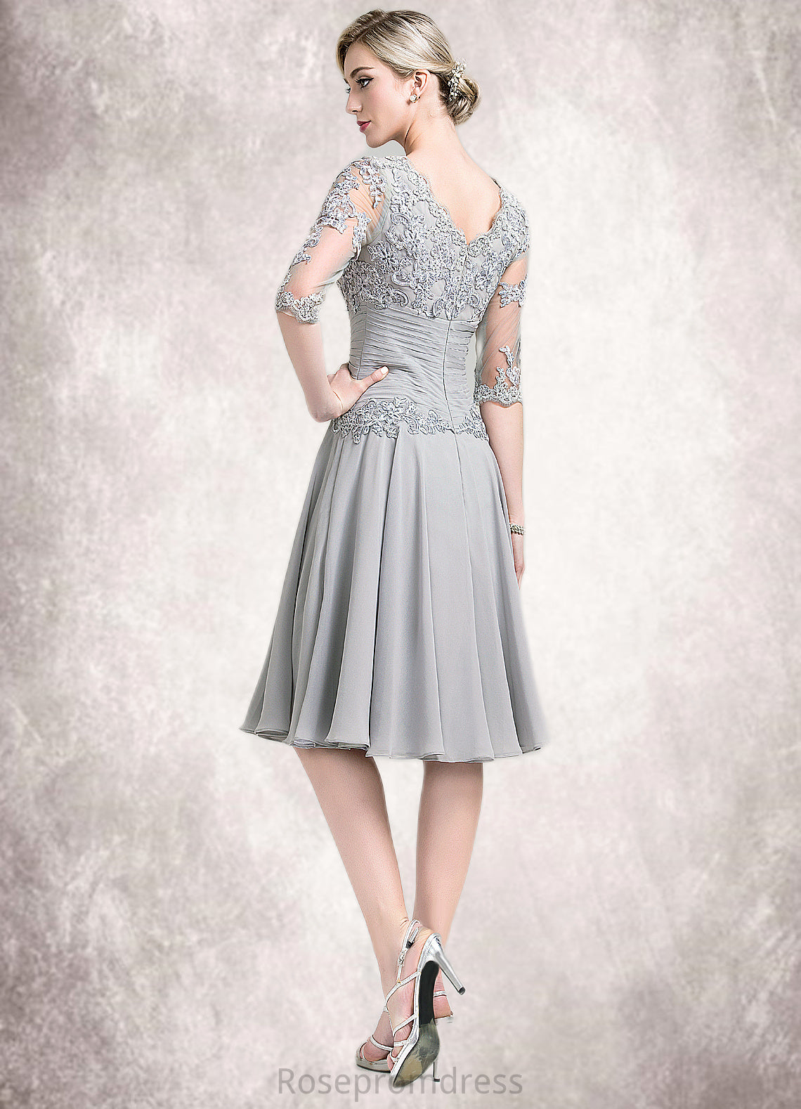 Alia A-Line Scoop Neck Knee-Length Chiffon Mother of the Bride Dress With Ruffle Appliques Lace SRS126P0014715