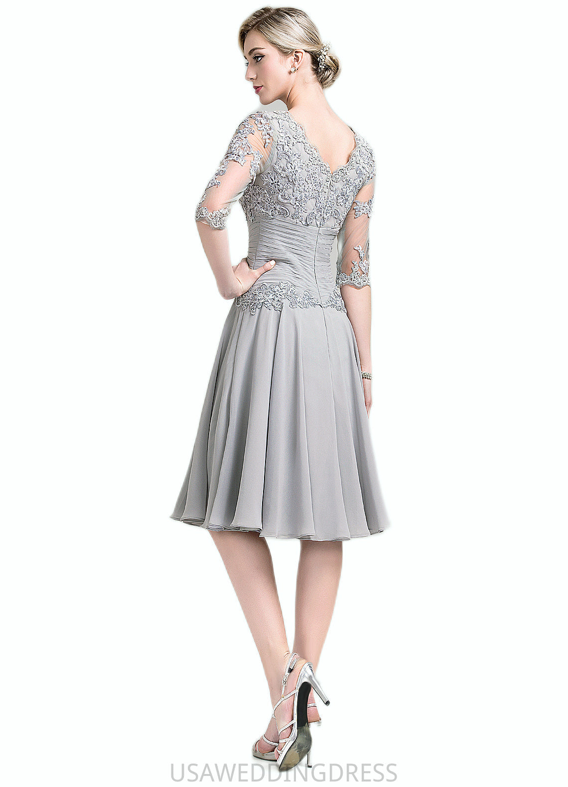 Hazel A-Line Scoop Neck Knee-Length Chiffon Mother of the Bride Dress With Ruffle Appliques Lace DS126P0014715