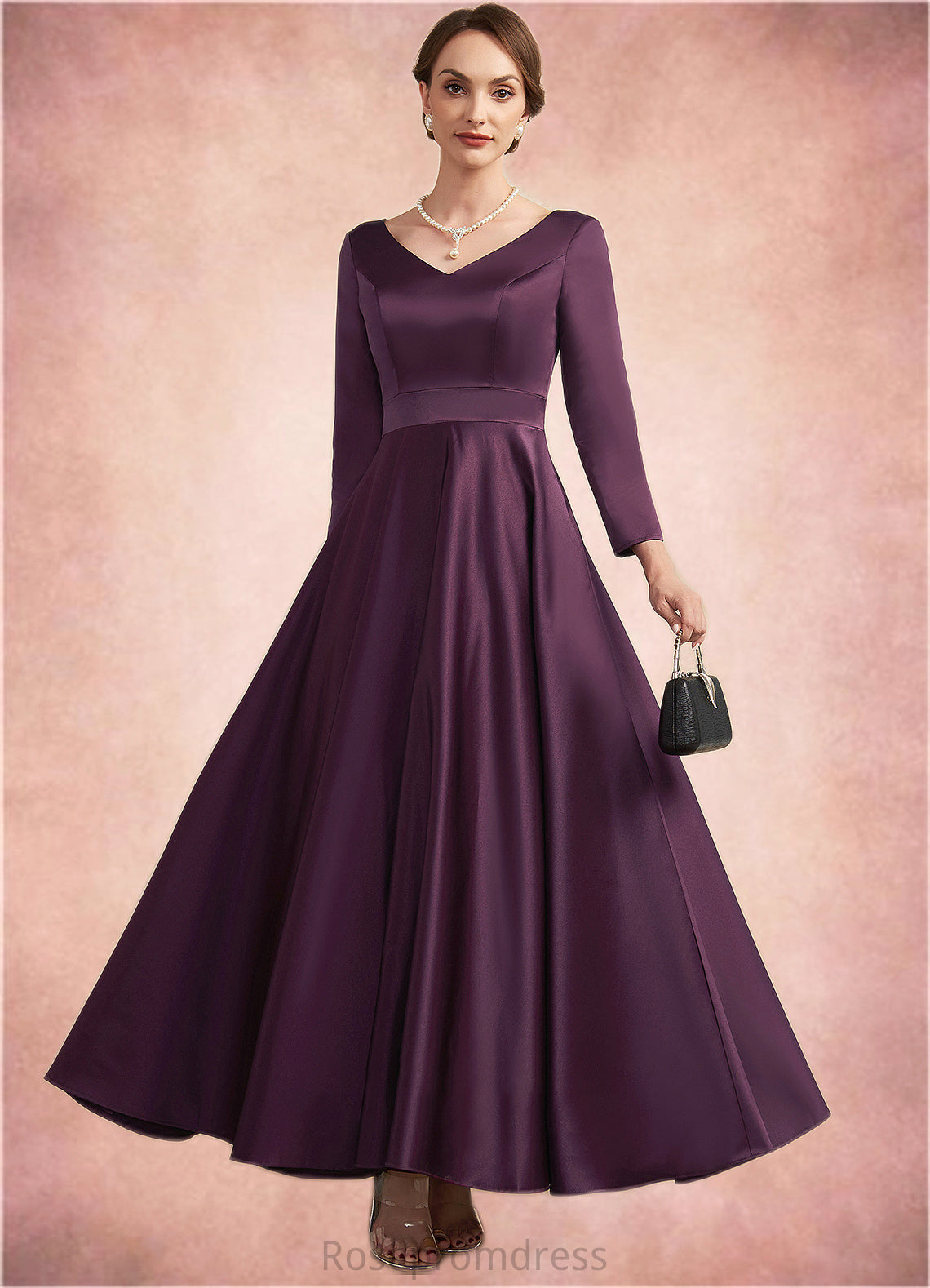 Abbie A-Line V-neck Ankle-Length Satin Mother of the Bride Dress With Pockets SRS126P0014720