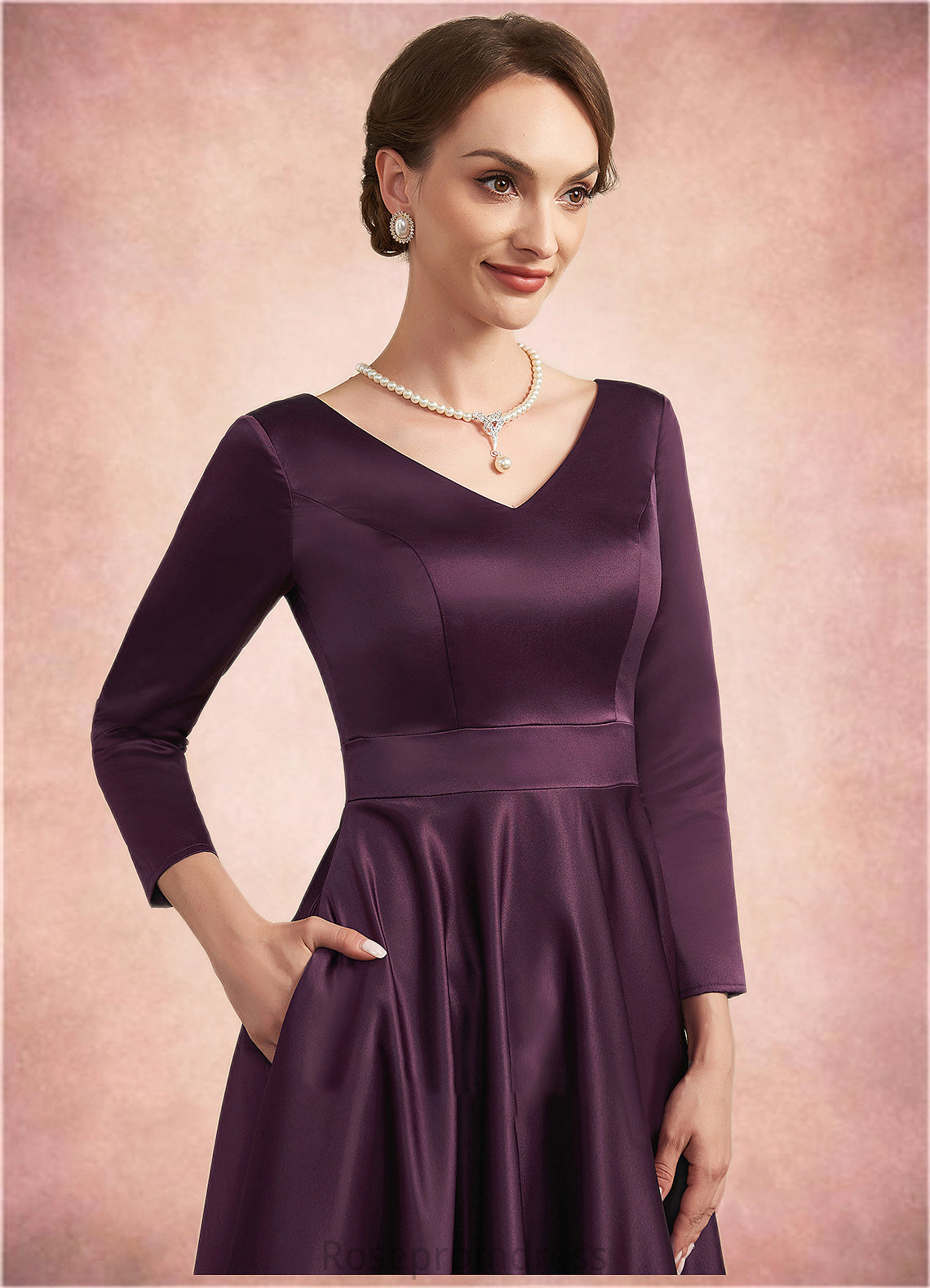 Abbie A-Line V-neck Ankle-Length Satin Mother of the Bride Dress With Pockets SRS126P0014720