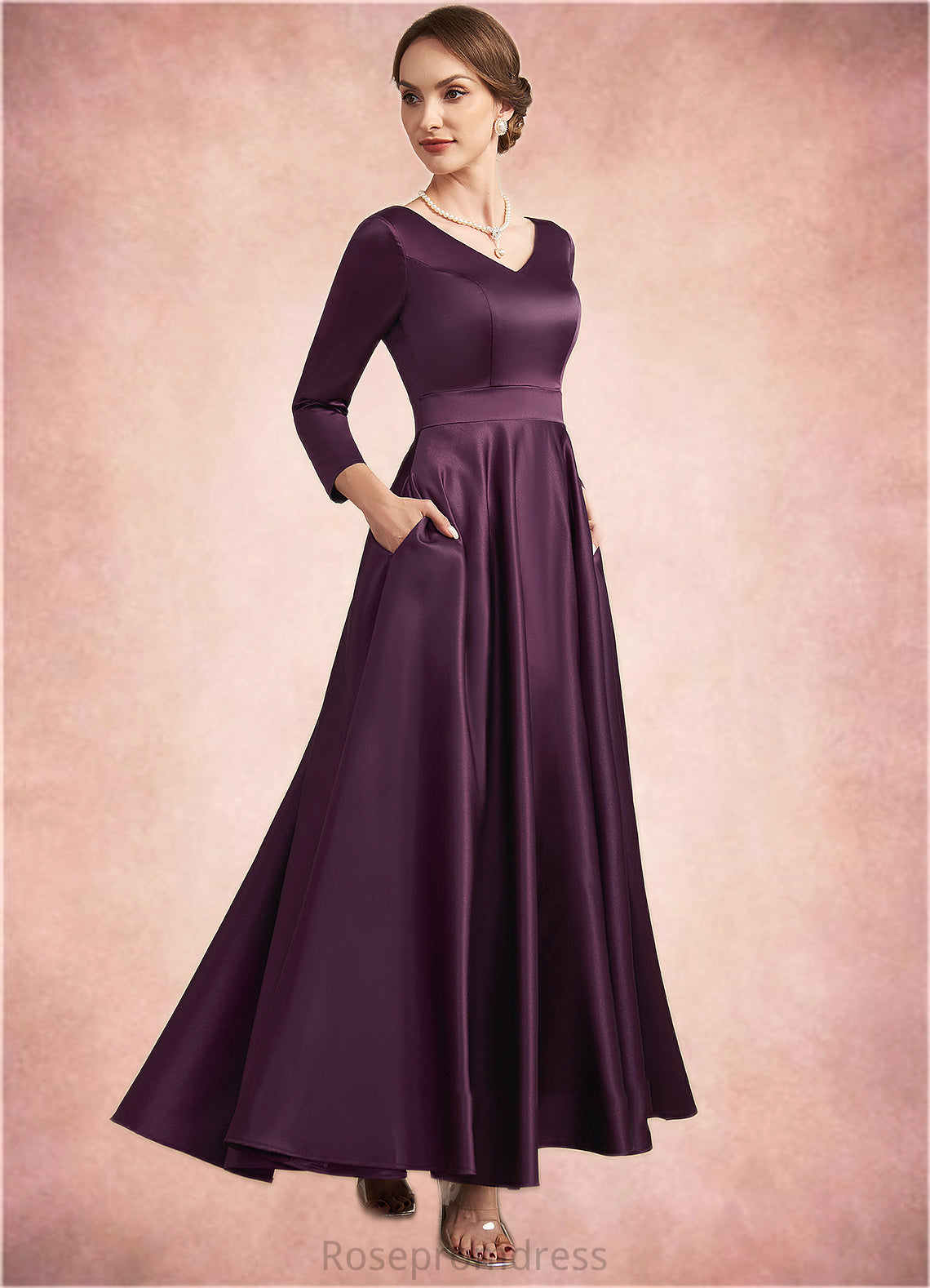 Abbie A-Line V-neck Ankle-Length Satin Mother of the Bride Dress With Pockets SRS126P0014720