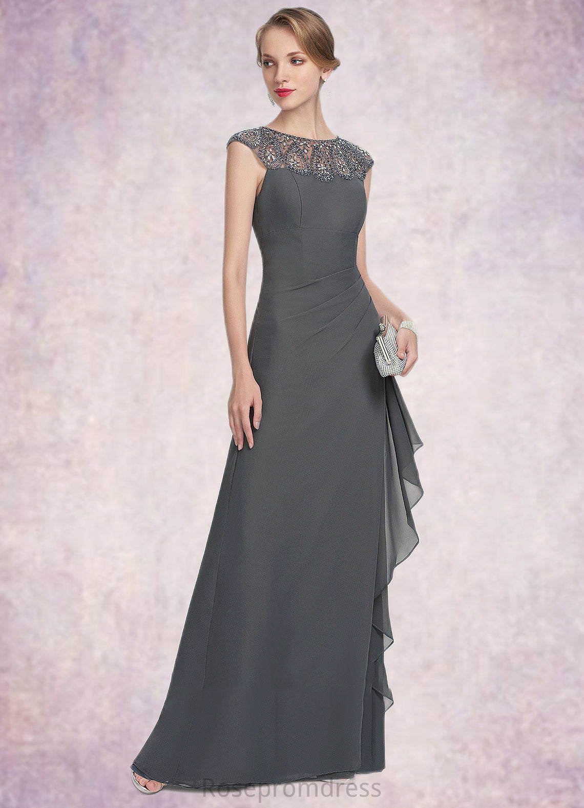 Zoe A-Line Scoop Neck Floor-Length Chiffon Mother of the Bride Dress With Beading Sequins Cascading Ruffles SRS126P0014721